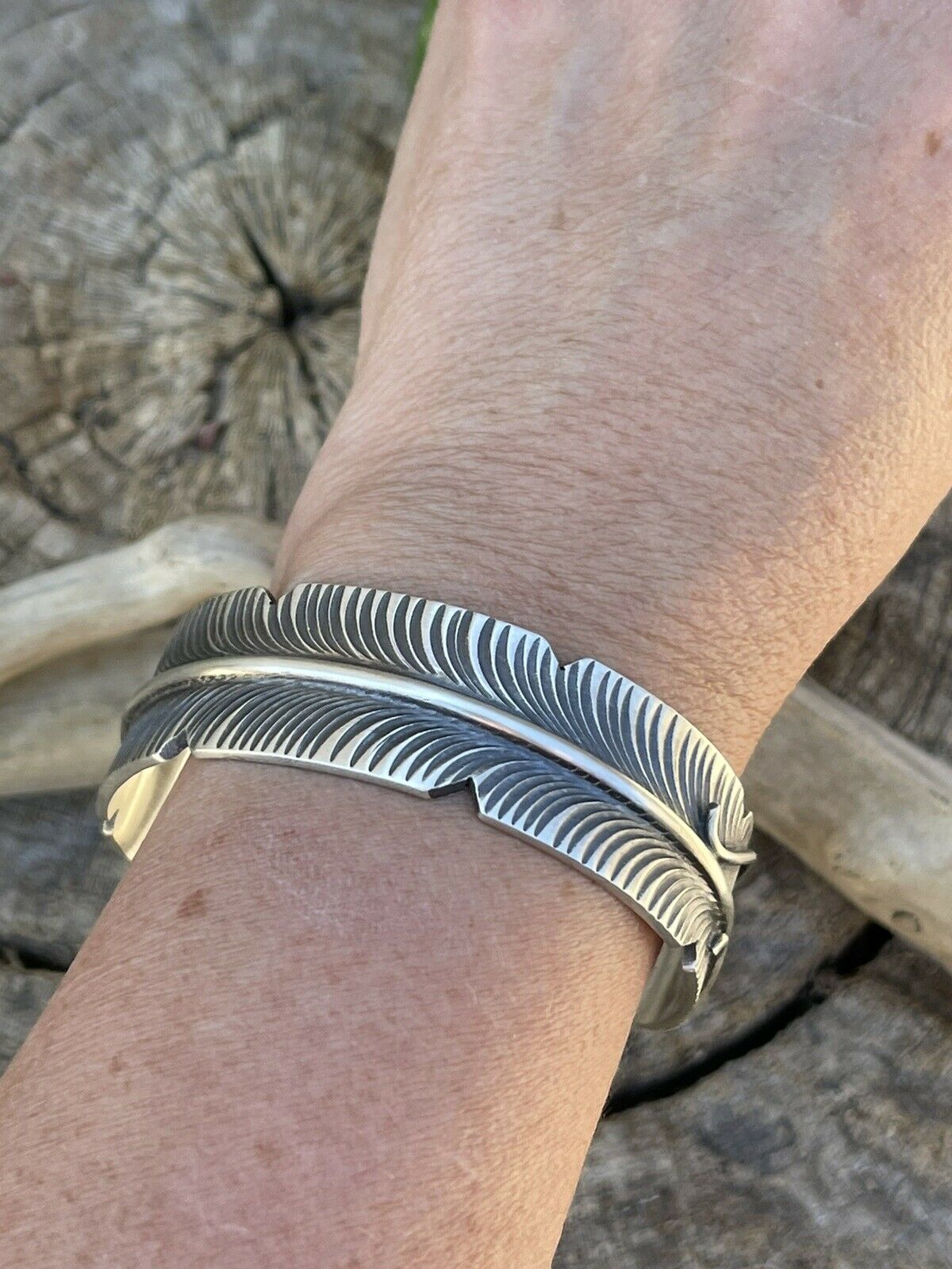 Handcrafted Sterling Silver Hand Stamped Feather Bracelet Cuff