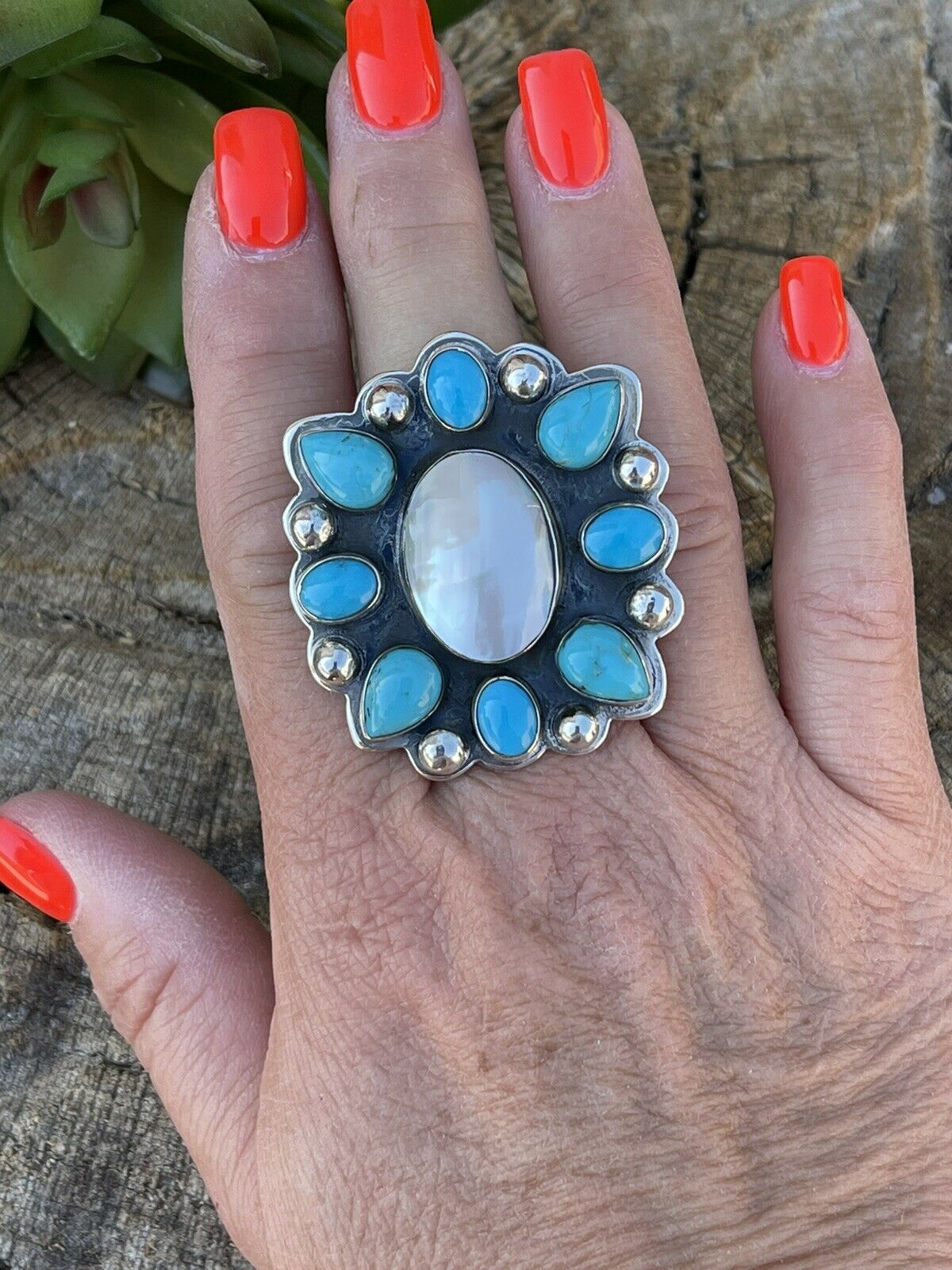 Handcrafted Cluster Turquoise & Mother Of Pearl Sterling Silver Ring Sz Is Adjustable