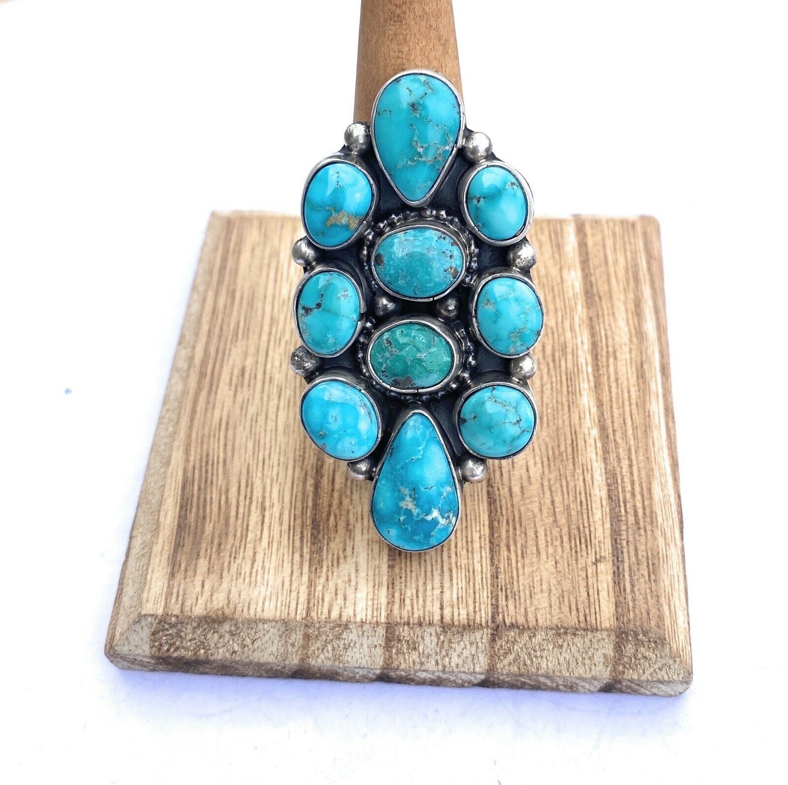 Handcrafted Turquoise & Sterling Silver Cluster Adjustable Ring