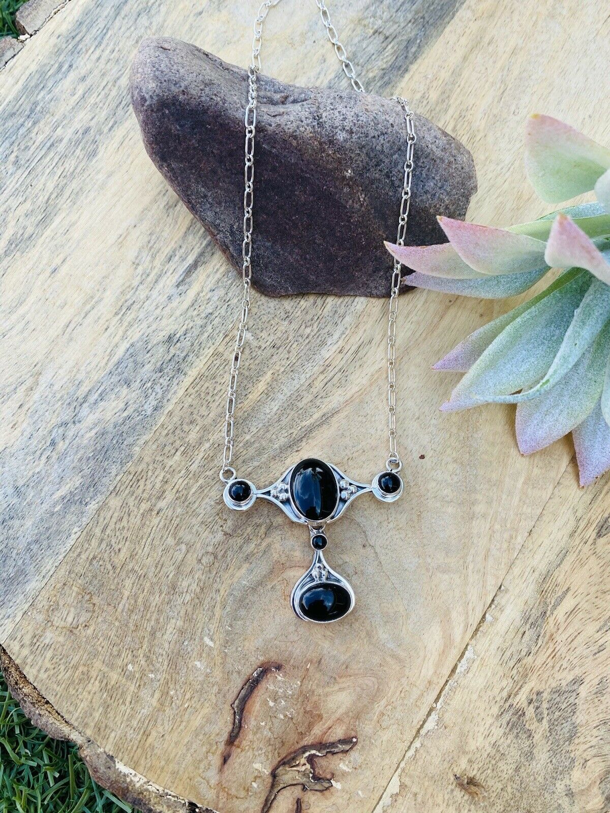 Handmade Sterling Silver & Black Onyx Necklace Signed