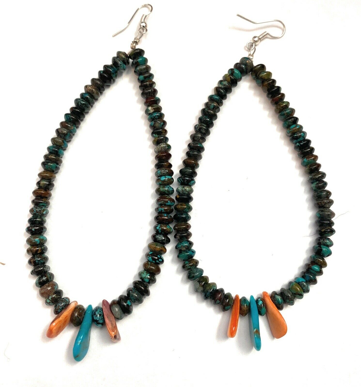 Turquoise & Spiny Oyster Beaded Dangle Hoop Earrings