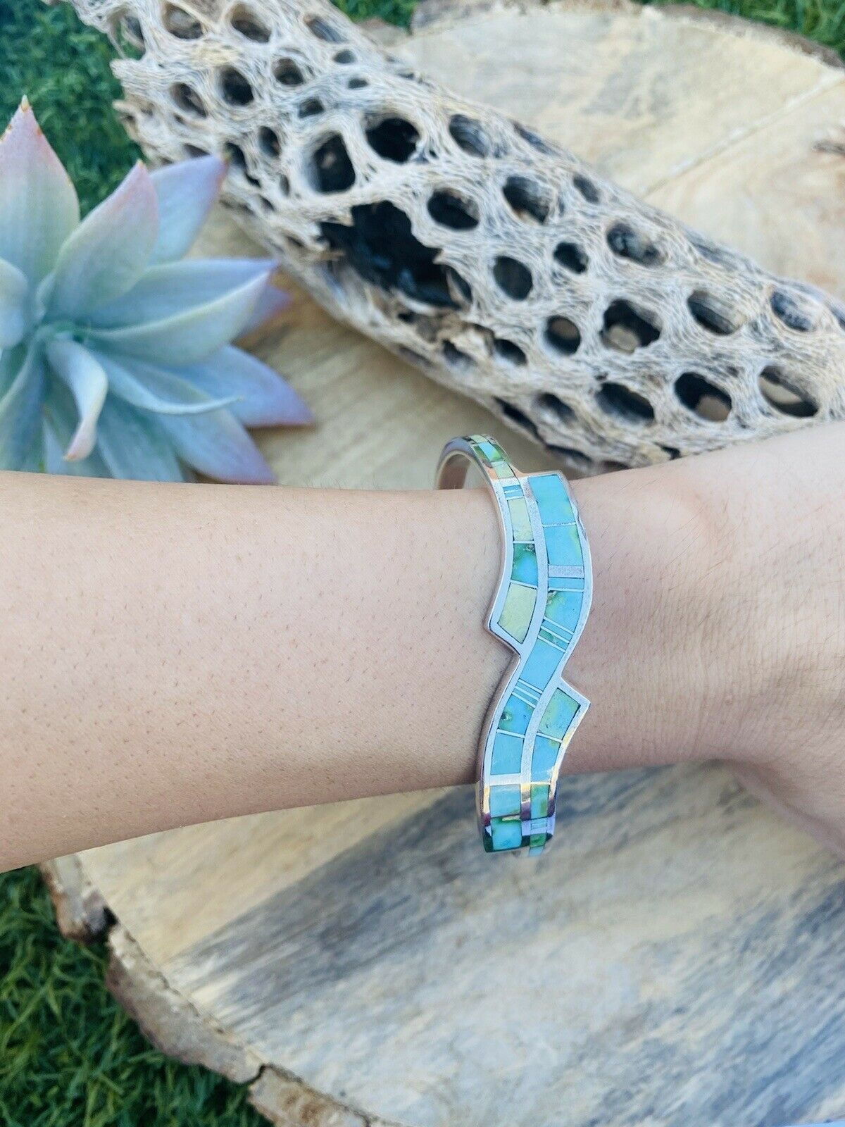 Handcrafted Sonoran Mountain Turquoise & Sterling Silver Inlay Cuff Bracelet /