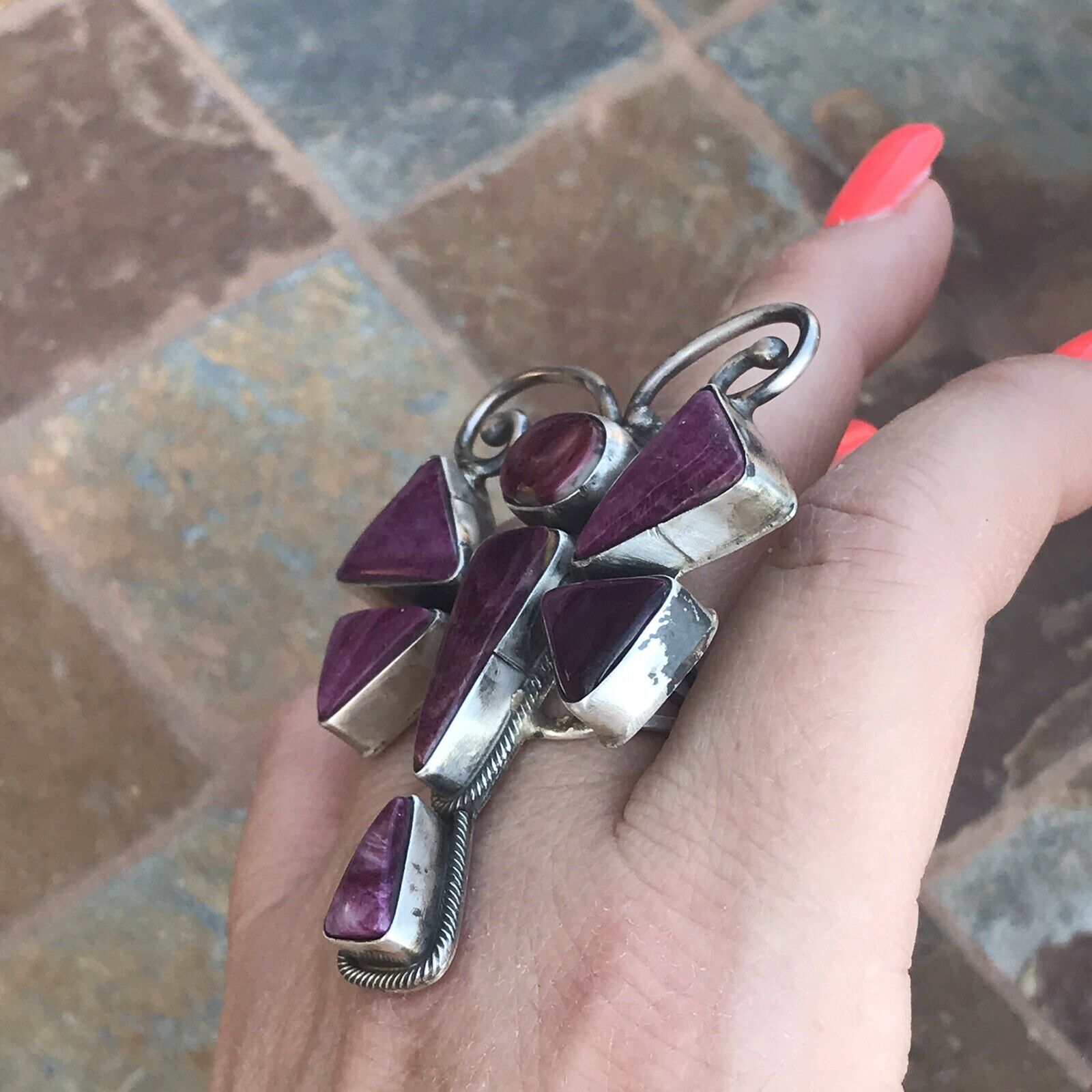 Handcrafted Sterling Silver Purple Spiny Oyster Dragonfly Ring Sz 6.5
