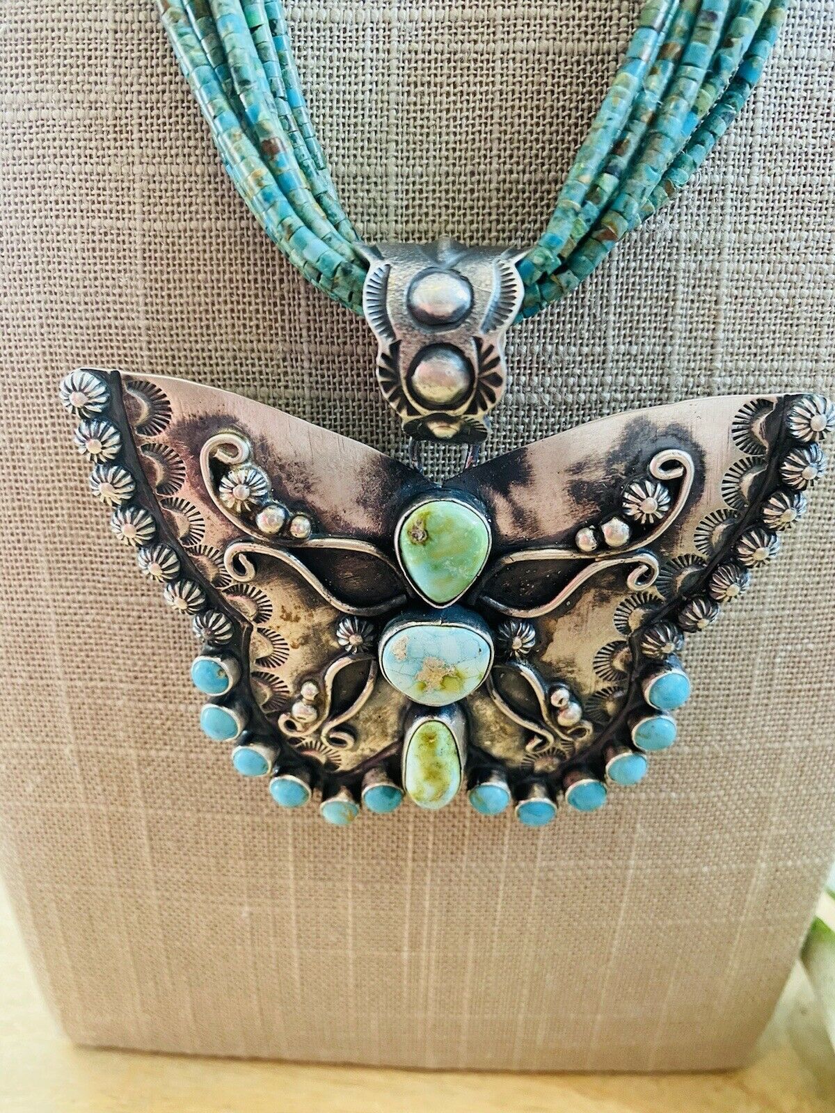 Handcrafted Sonoran Mountain Turquoise & Sterling Silver Butterfly Necklace Signed