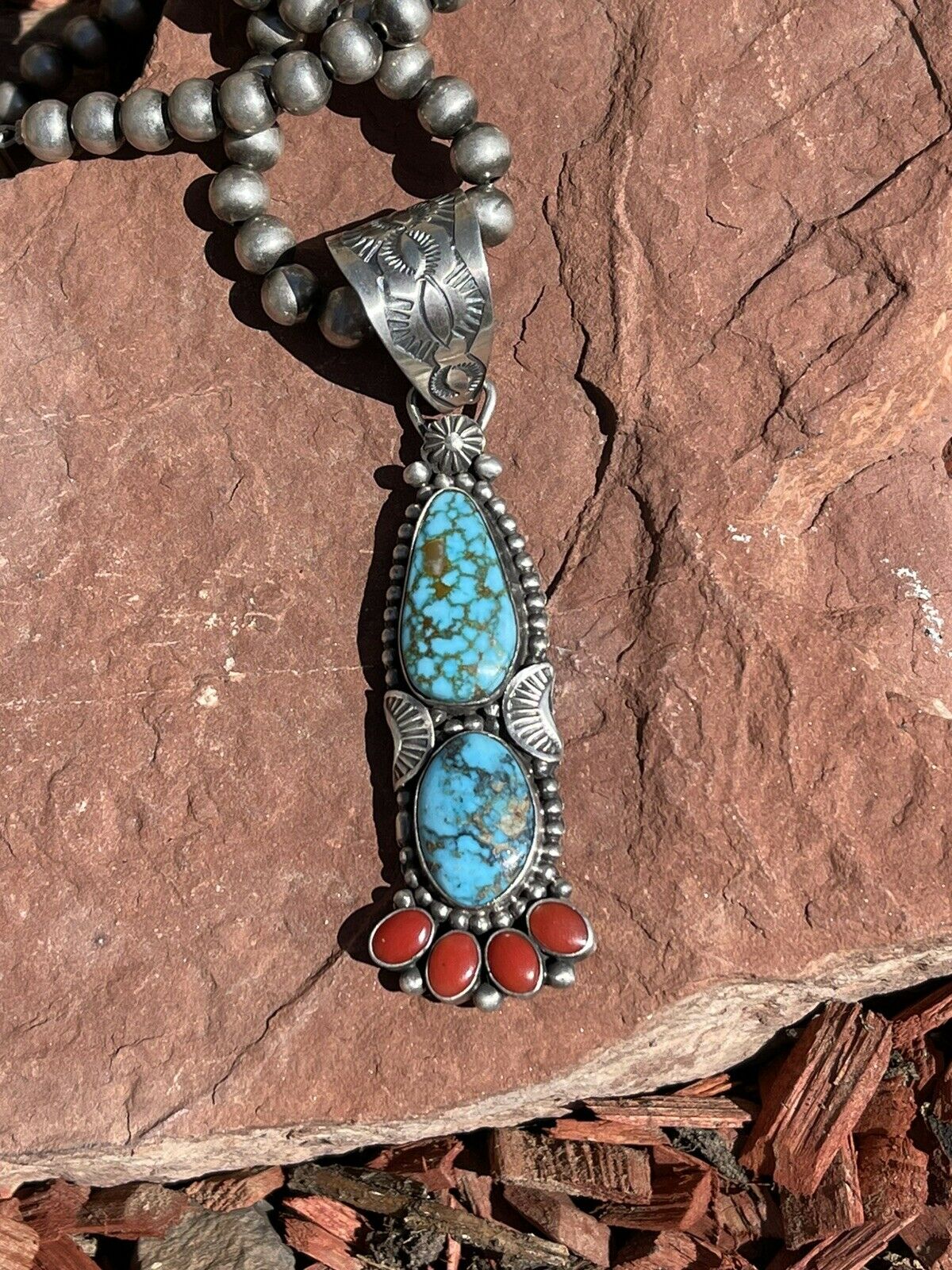 Handcrafted Sterling Kingman Web Turquoise & Red Coral Taos Pendant Danny Clark