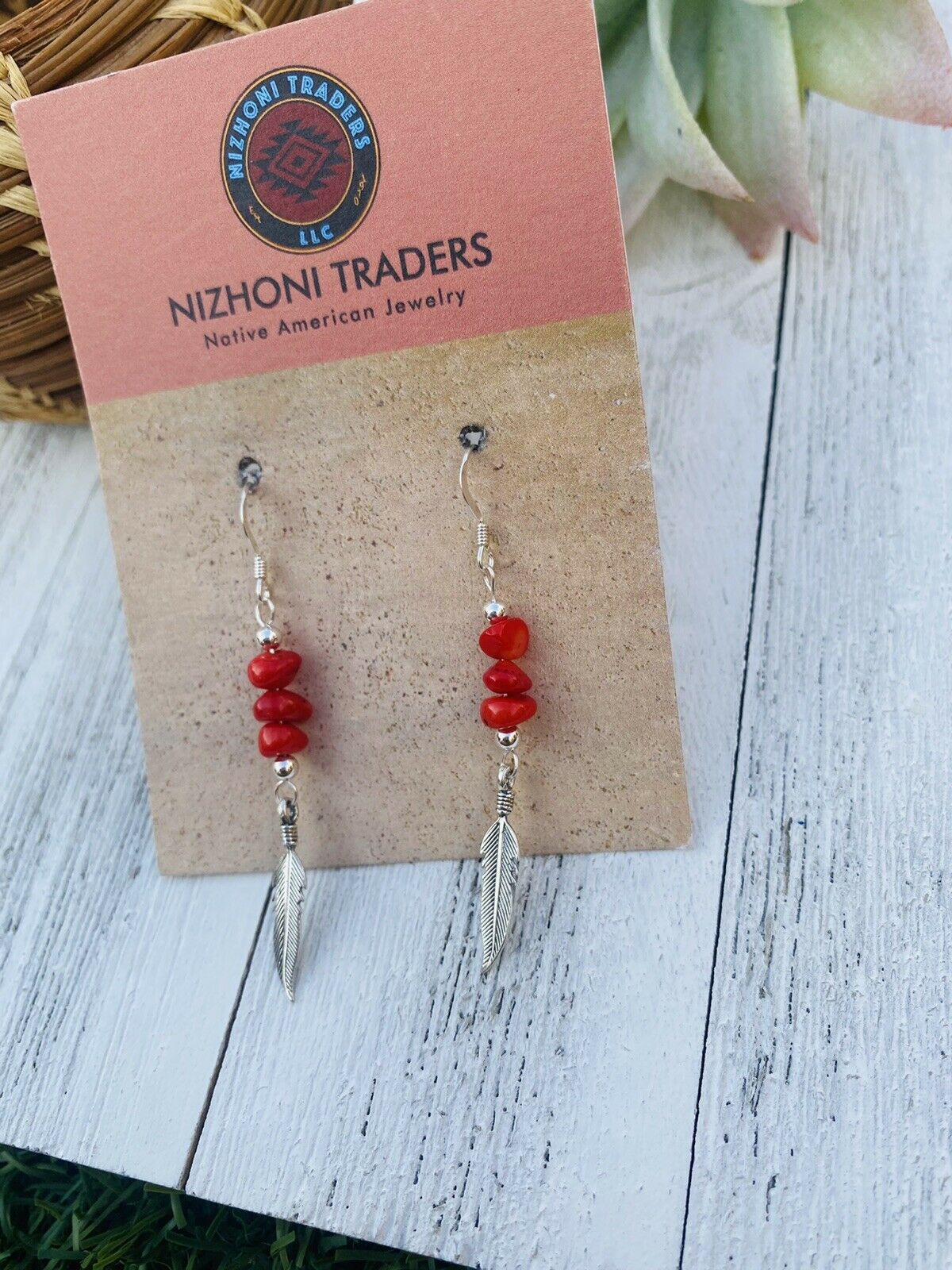 Handcrafted Coral & Sterling Silver Feather Dangle Earrings