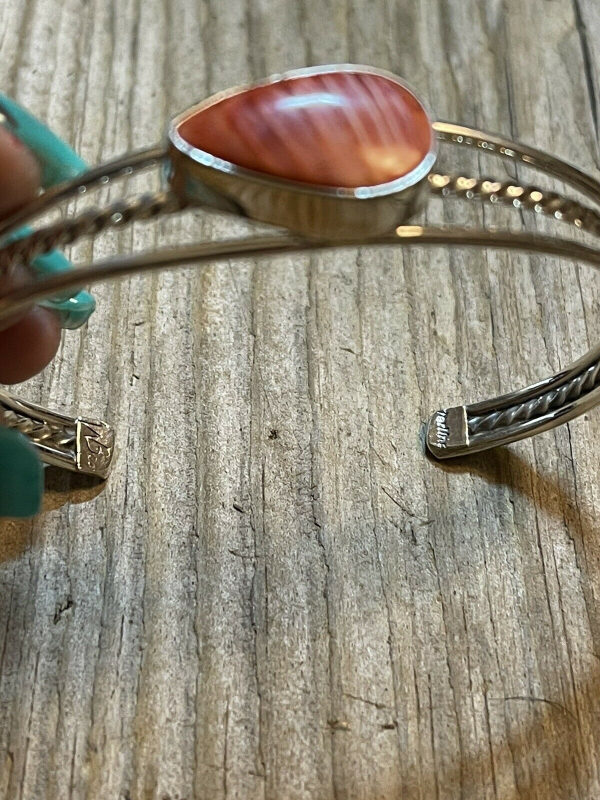 Handcrafted Teardrop Orange Spiny Sterling Silver Bracelet Rope Style Cuff