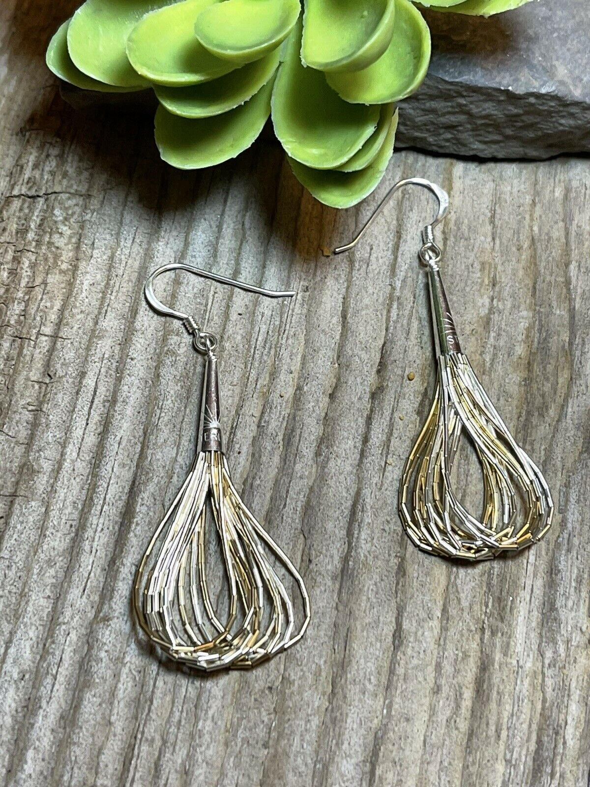 Handcrafted Delicate Sterling Liquid Silver Two Tone Dangle Earrings