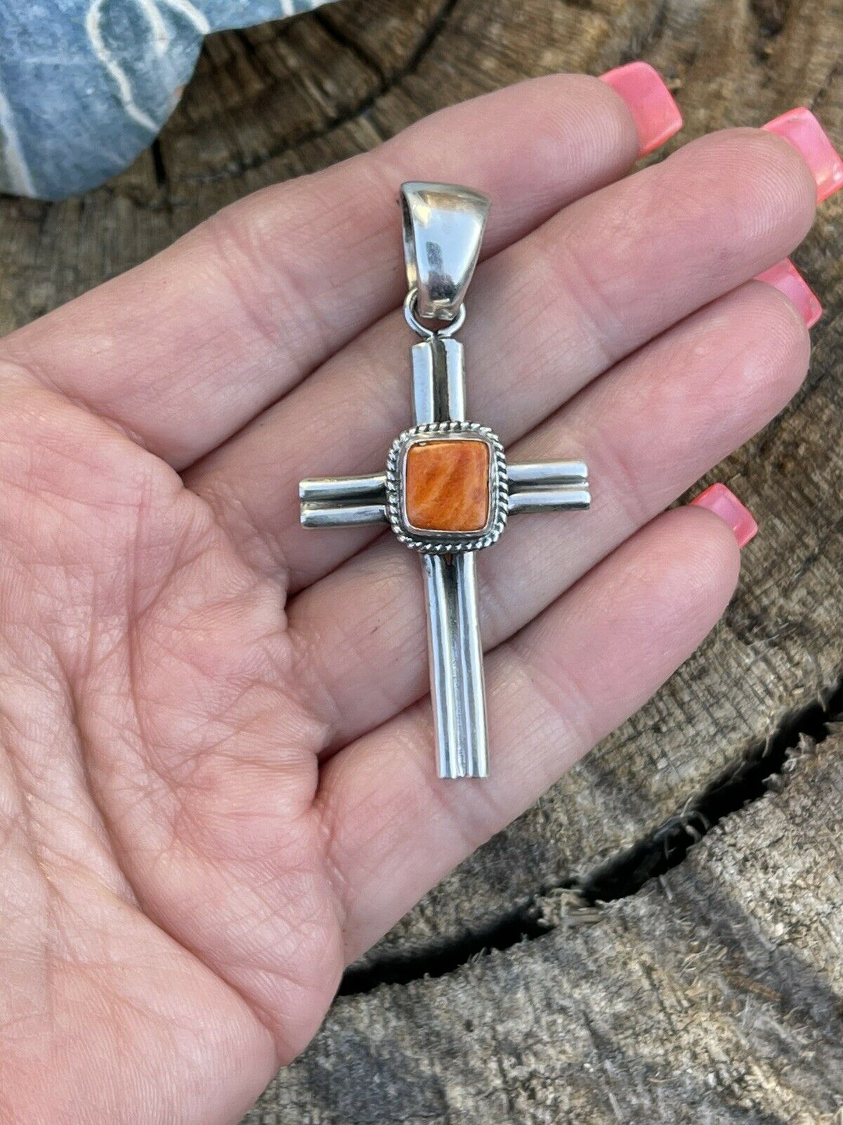 Handcrafted Sterling Silver & Orange Spiny Shell Cross Pendant Signed