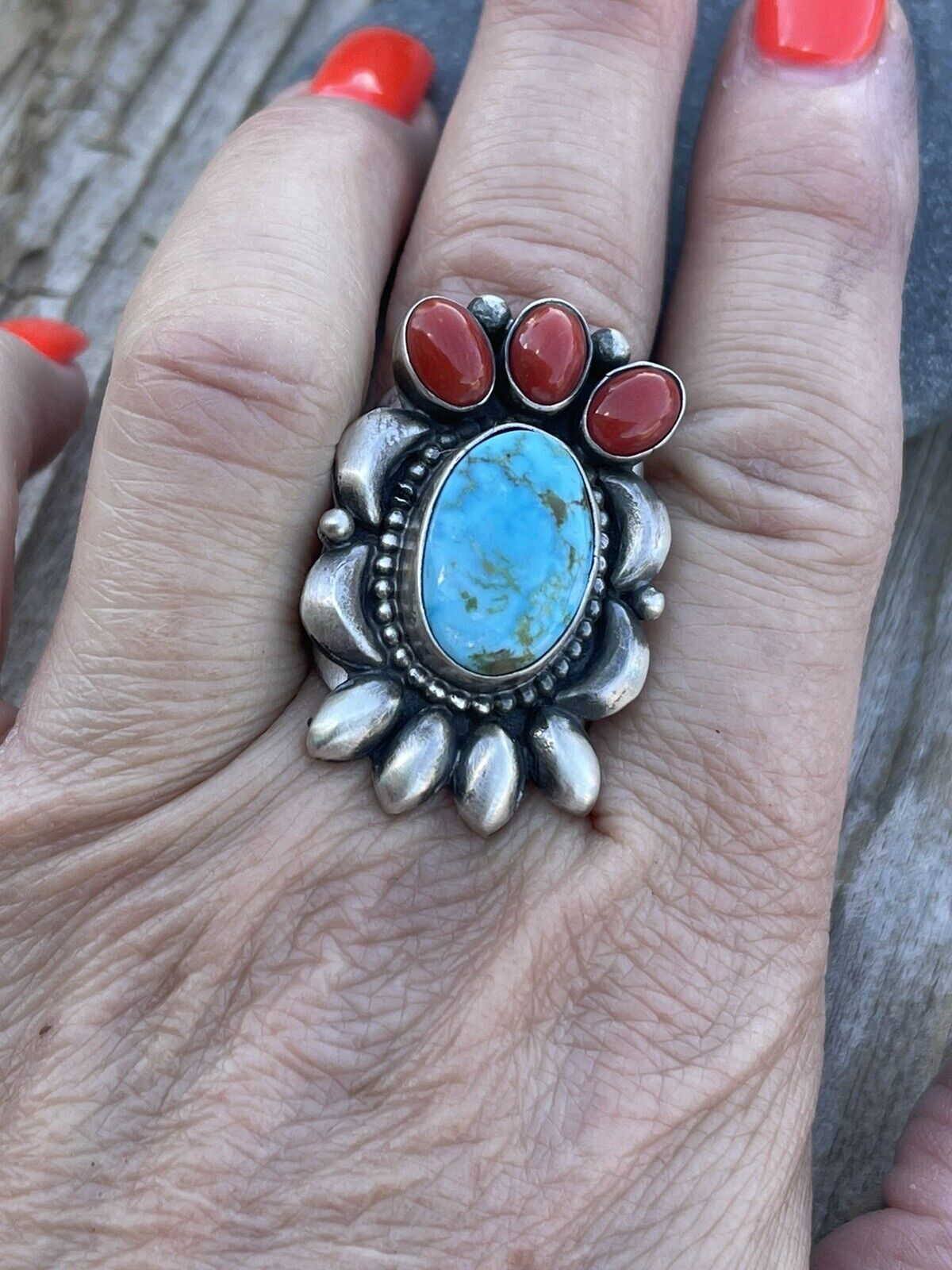 Navajo Sterling Kingman Web Turquoise & Red Coral Taos Collection Ring by Danny Clark, Sz 7.5