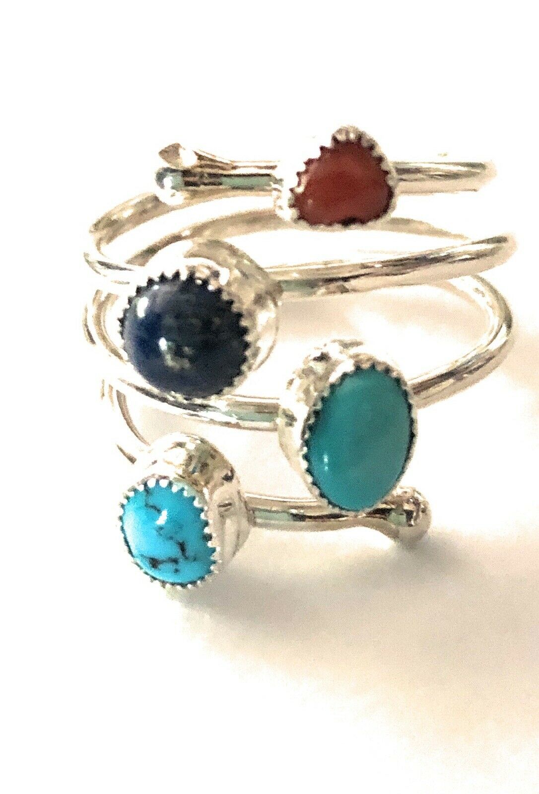 Handcrafted Turquoise, Lapis and Coral Sterling Silver ring