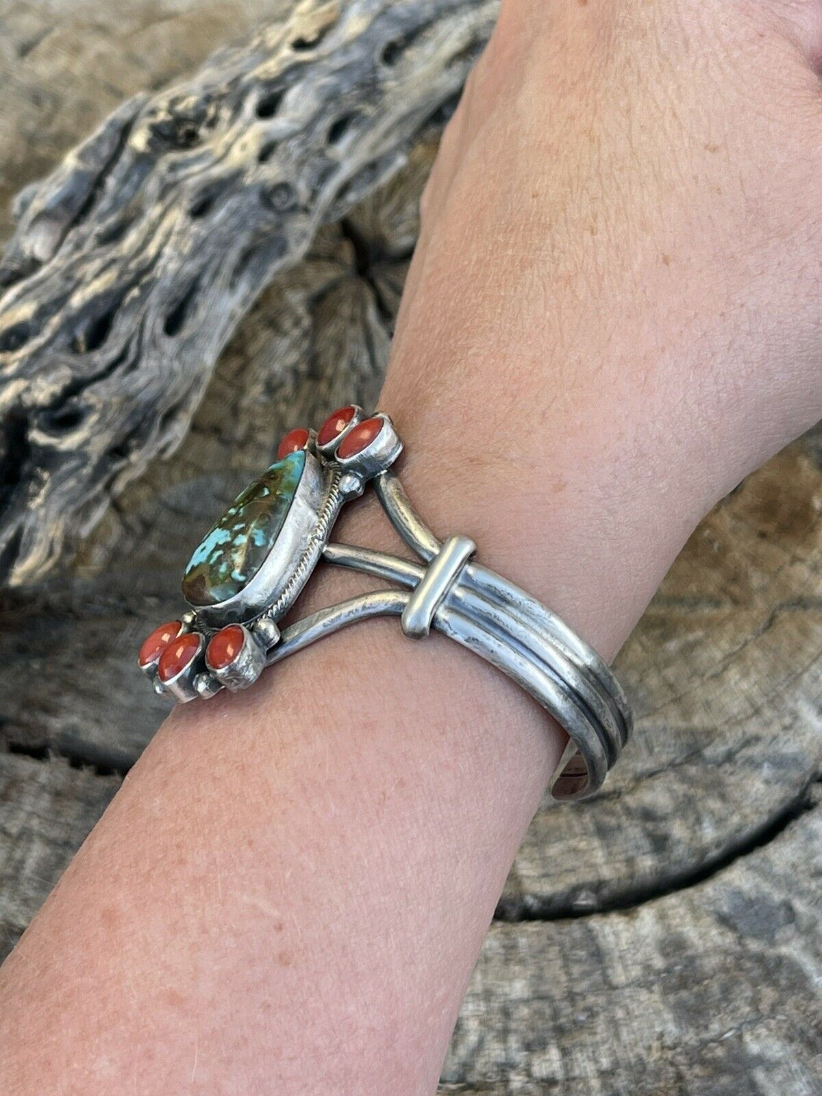 Navajo Sterling Kingman Web Turquoise & Red Coral Taos Bracelet Cuff by Bobby Johnson /