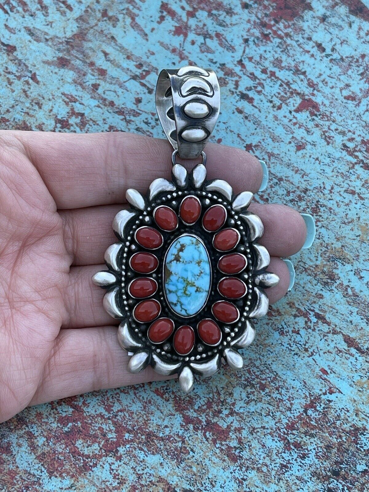 Handcrafted Sterling Kingman Web Turquoise & Red Coral Taos Ornate Pendant D. Clark