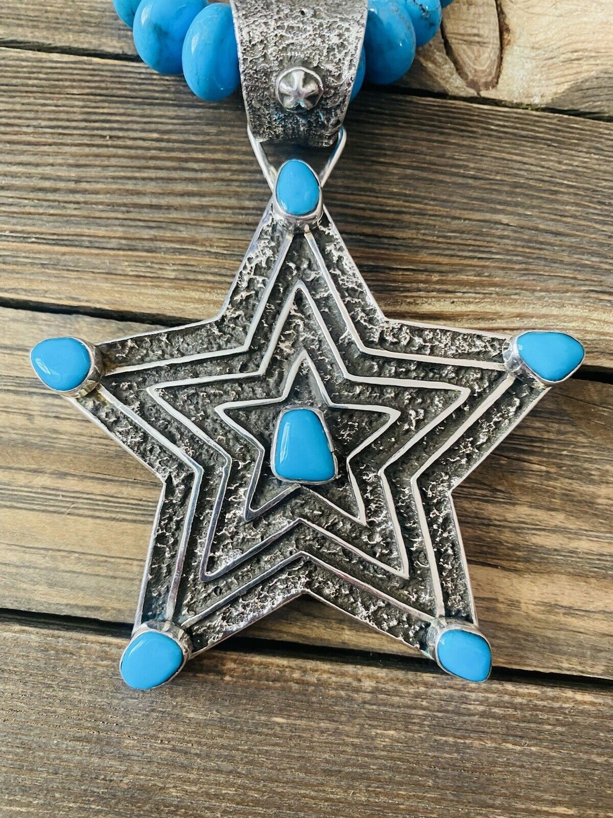 Handcrafted Turquoise & Sterling Silver Tufa Cast Star Beaded Necklace