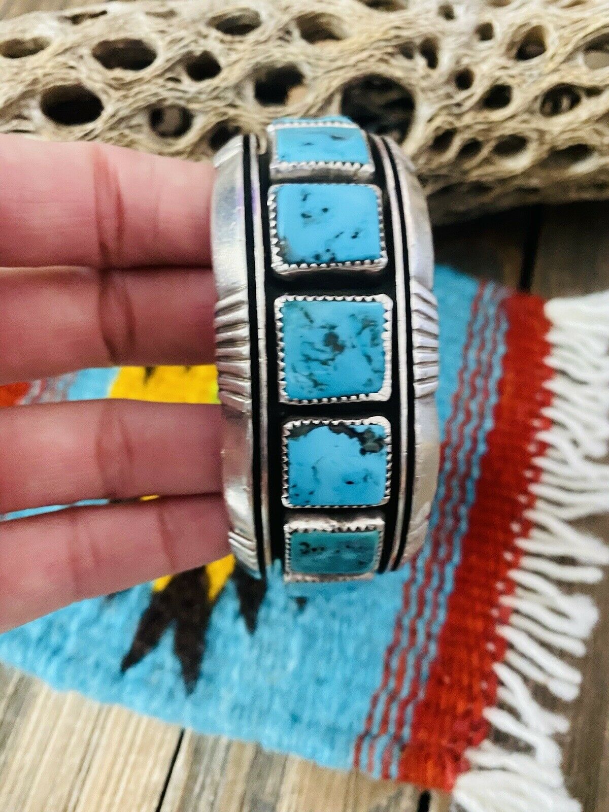 Handcrafted Kingman Turquoise, Coral & Sterling Silver Cuff Bracelet Signed /