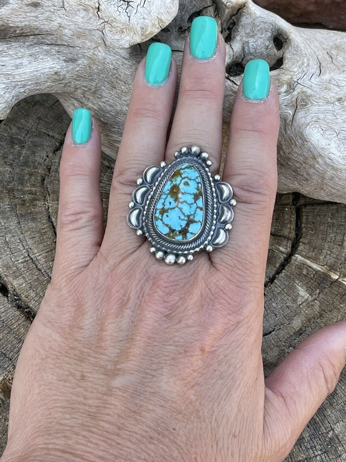 Handcrafted Sonoran Mountain Turquoise & Sterling Silver Statement Ring Size 7