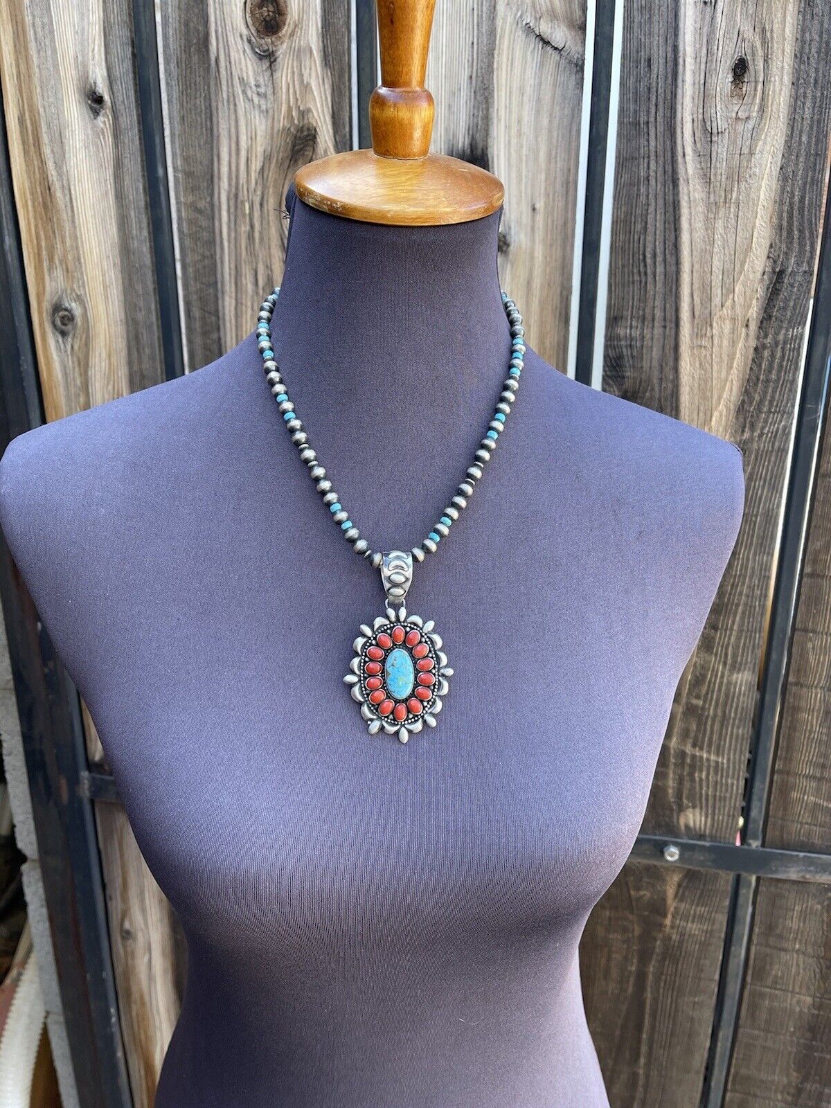 Handcrafted Sterling Kingman Web Turquoise & Red Coral Taos Ornate Pendant D. Clark