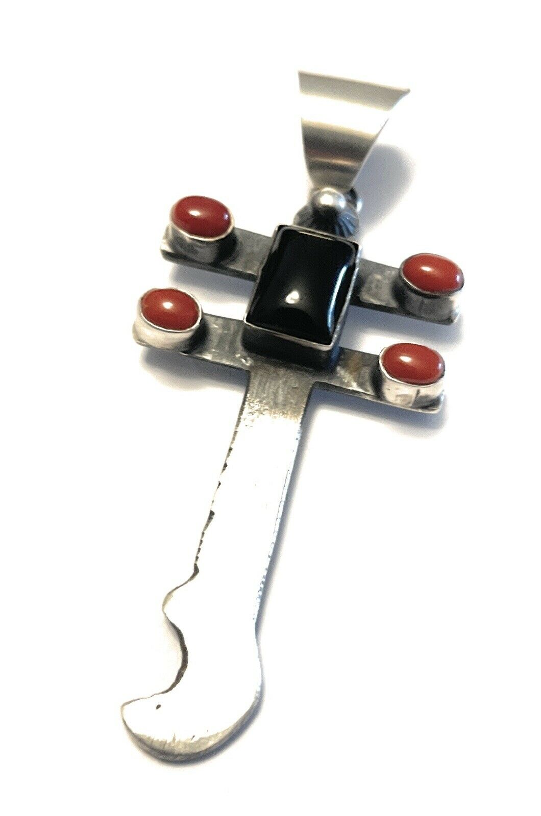 Handcrafted Sterling Silver Black Onyx and Coral Dragonfly Pendant By Chimney Butte