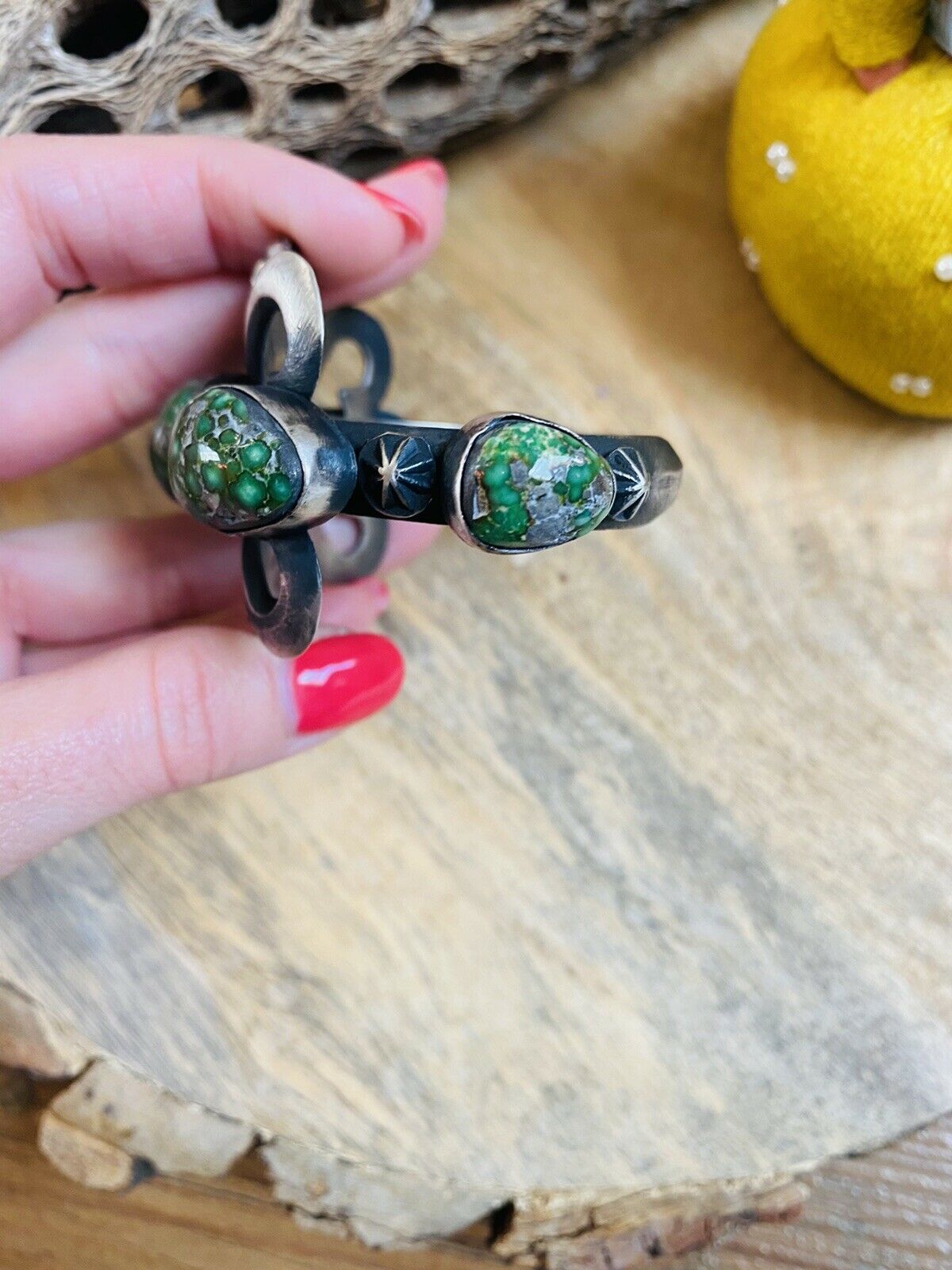 Navajo Sterling Silver & Sonoran Gold Turquoise Cuff Bracelet By Chimney Butte /