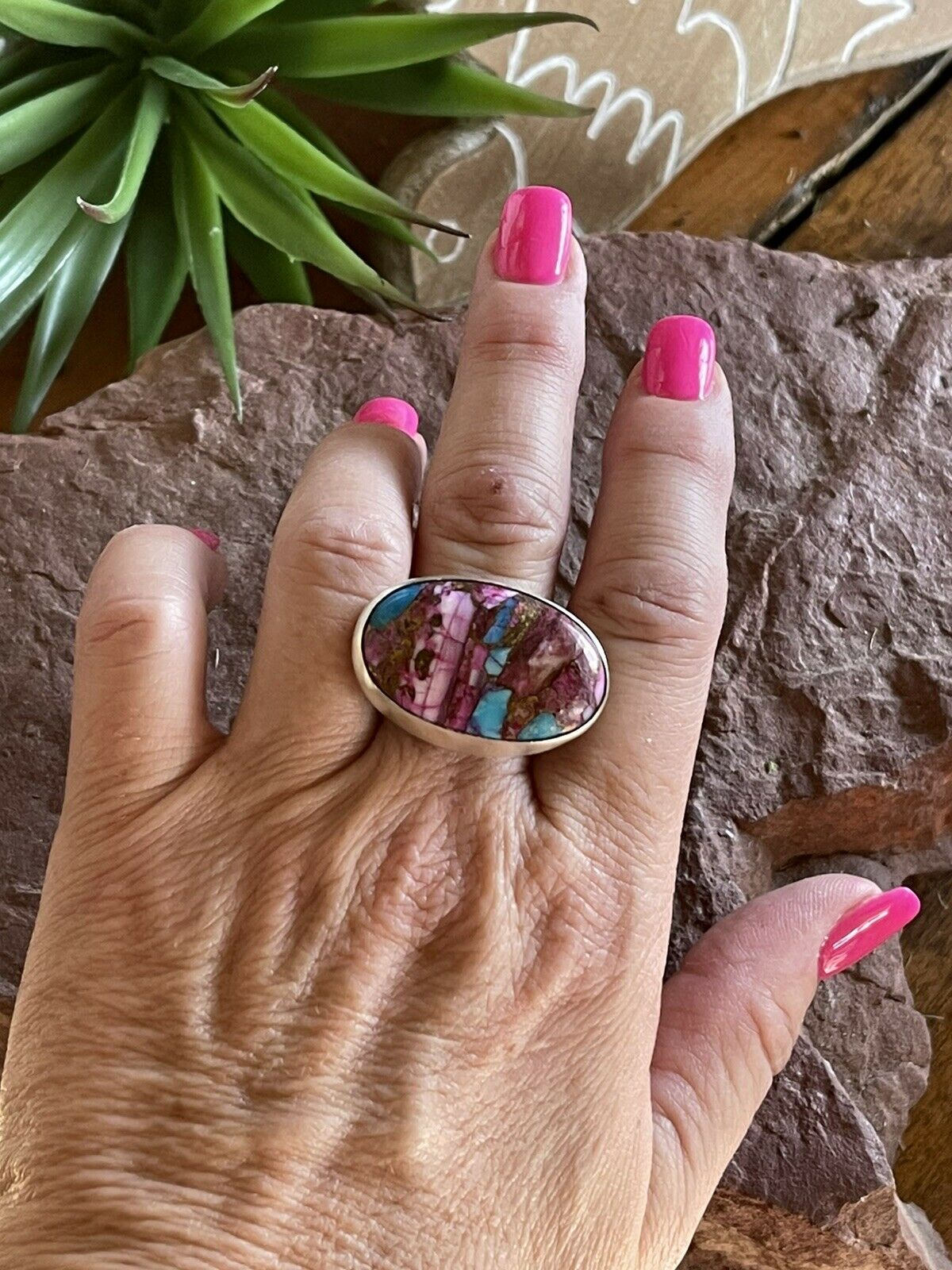 Handcrafted Pink Dream Mojave Oval Rope & Sterling Silver Adjustable Ring