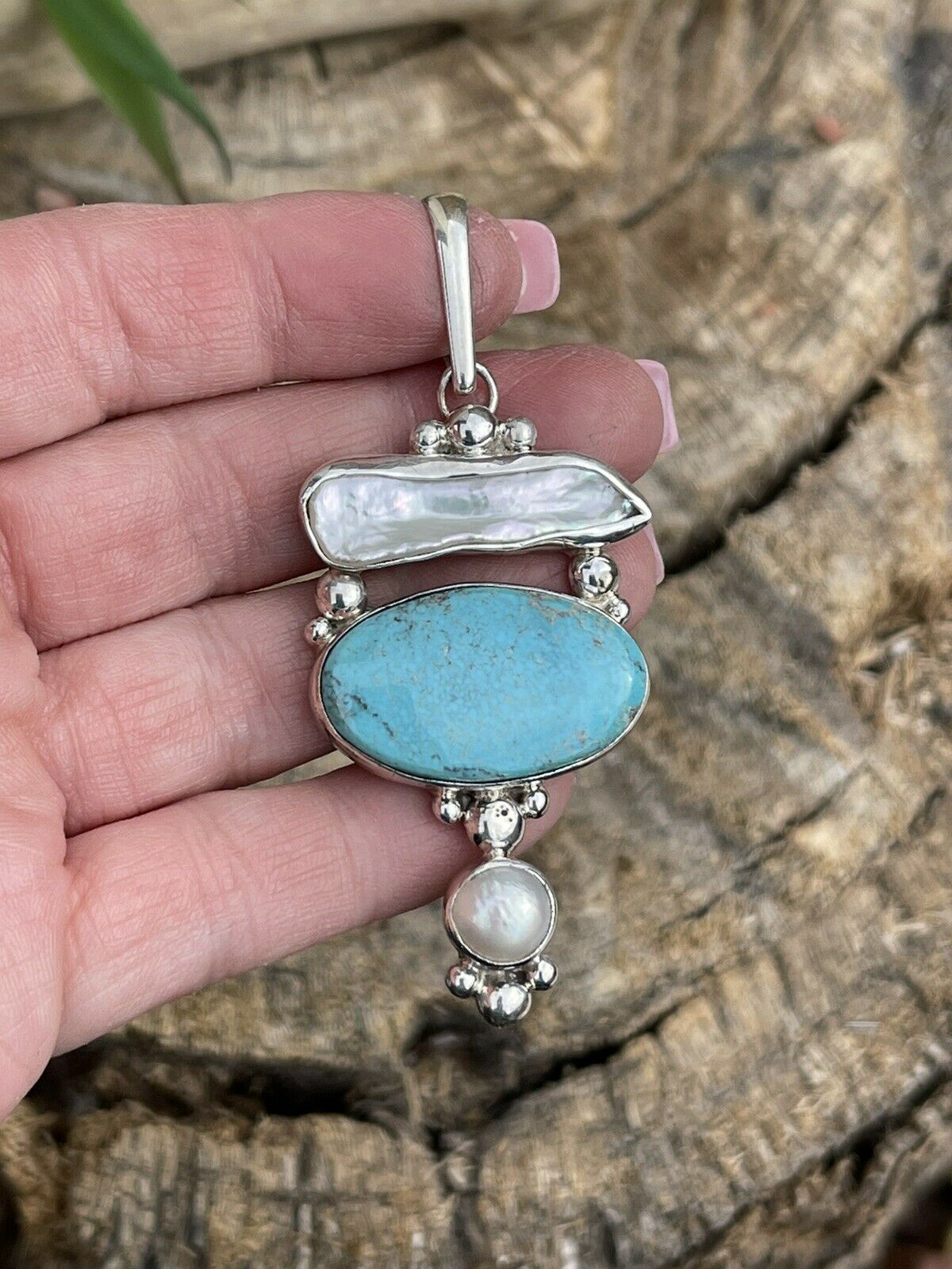 Handcrafted Turquoise & Mother Of Pearl Sterling Silver Pendant