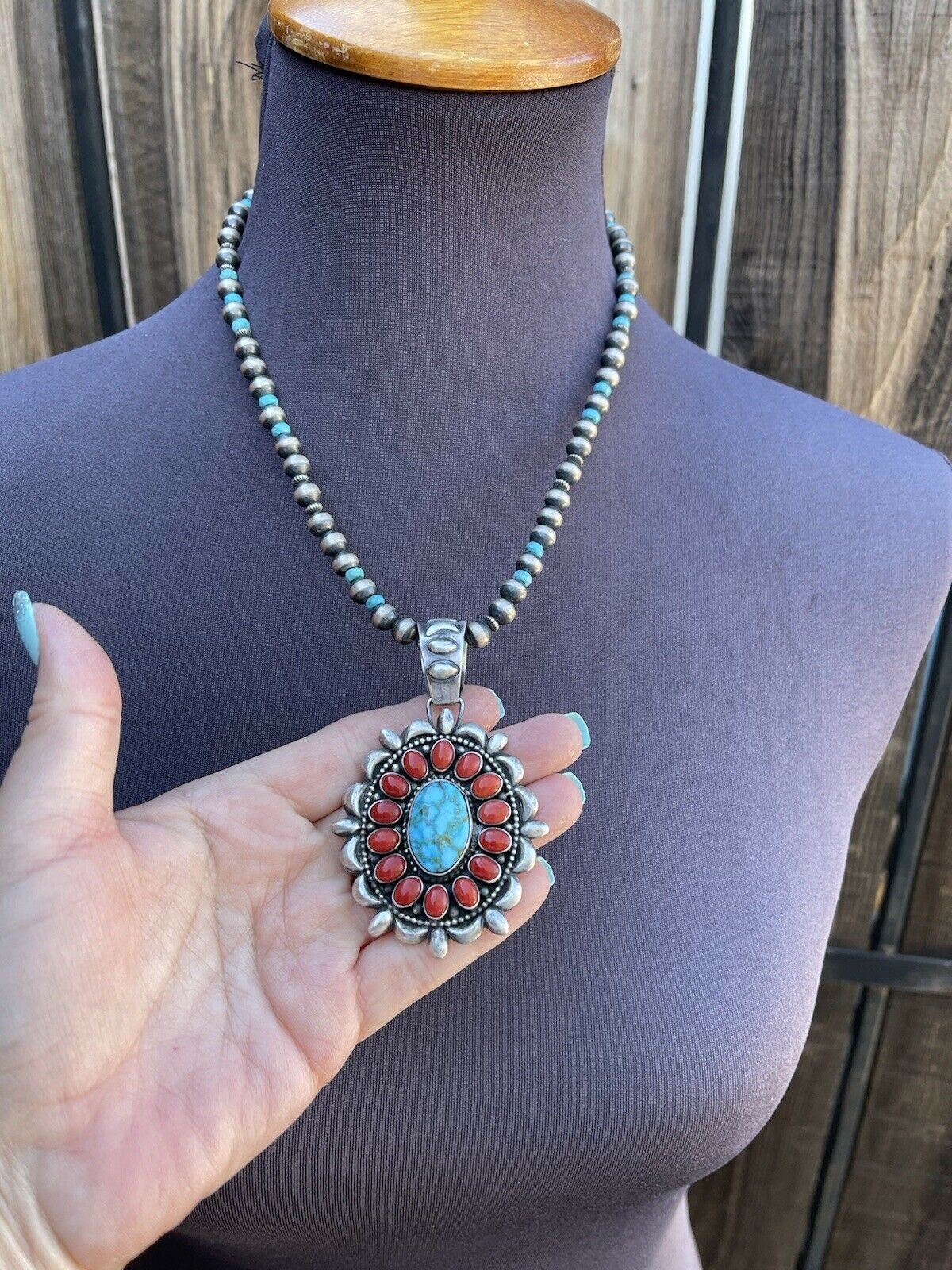 Handcrafted Kingman Web Turquoise & Red Coral Taos Ornate Pendant D. Clark