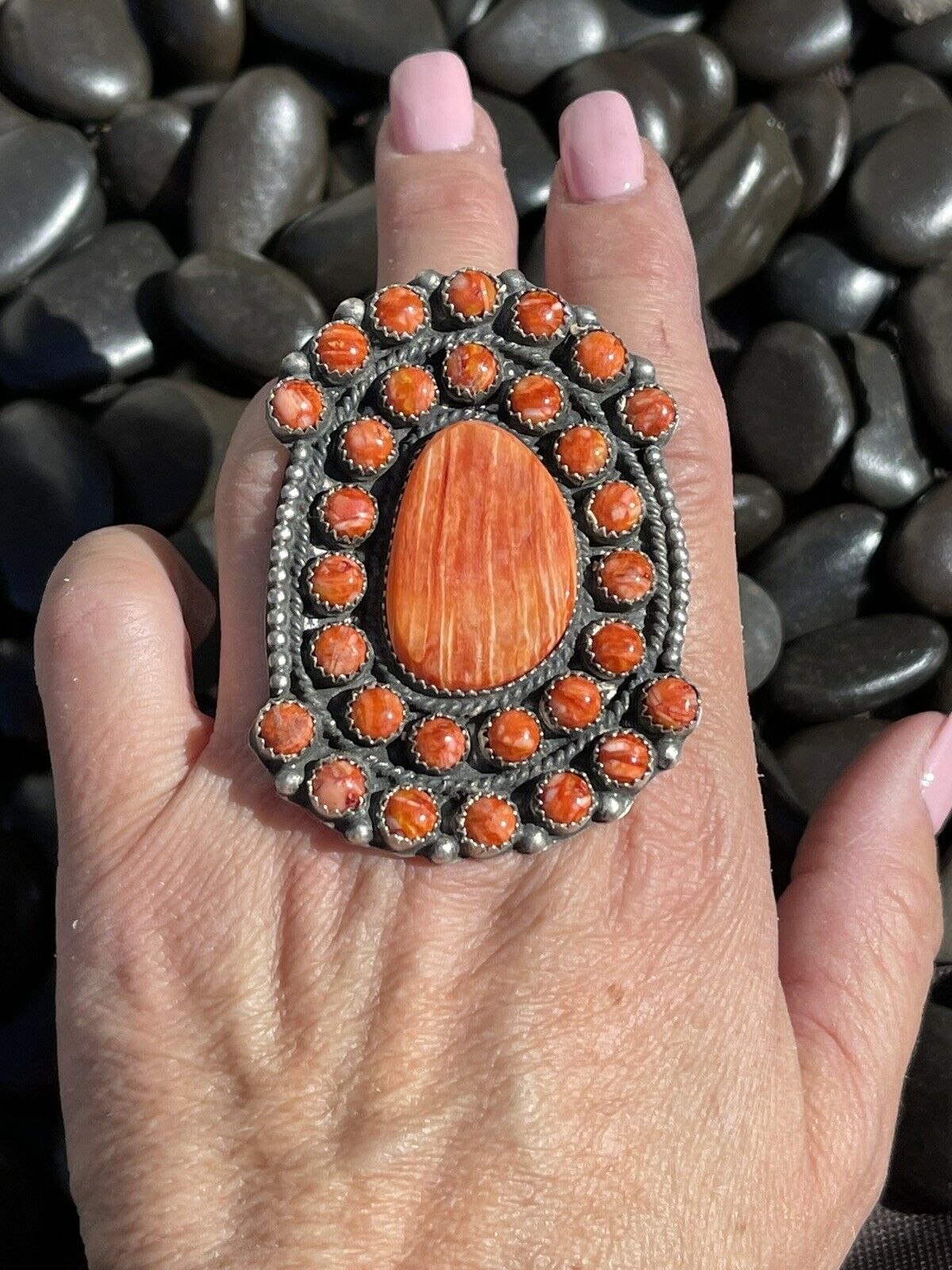 Handcrafted Sterling Silver Orange Spiny Cluster Jumbo Ring Sz 7.5