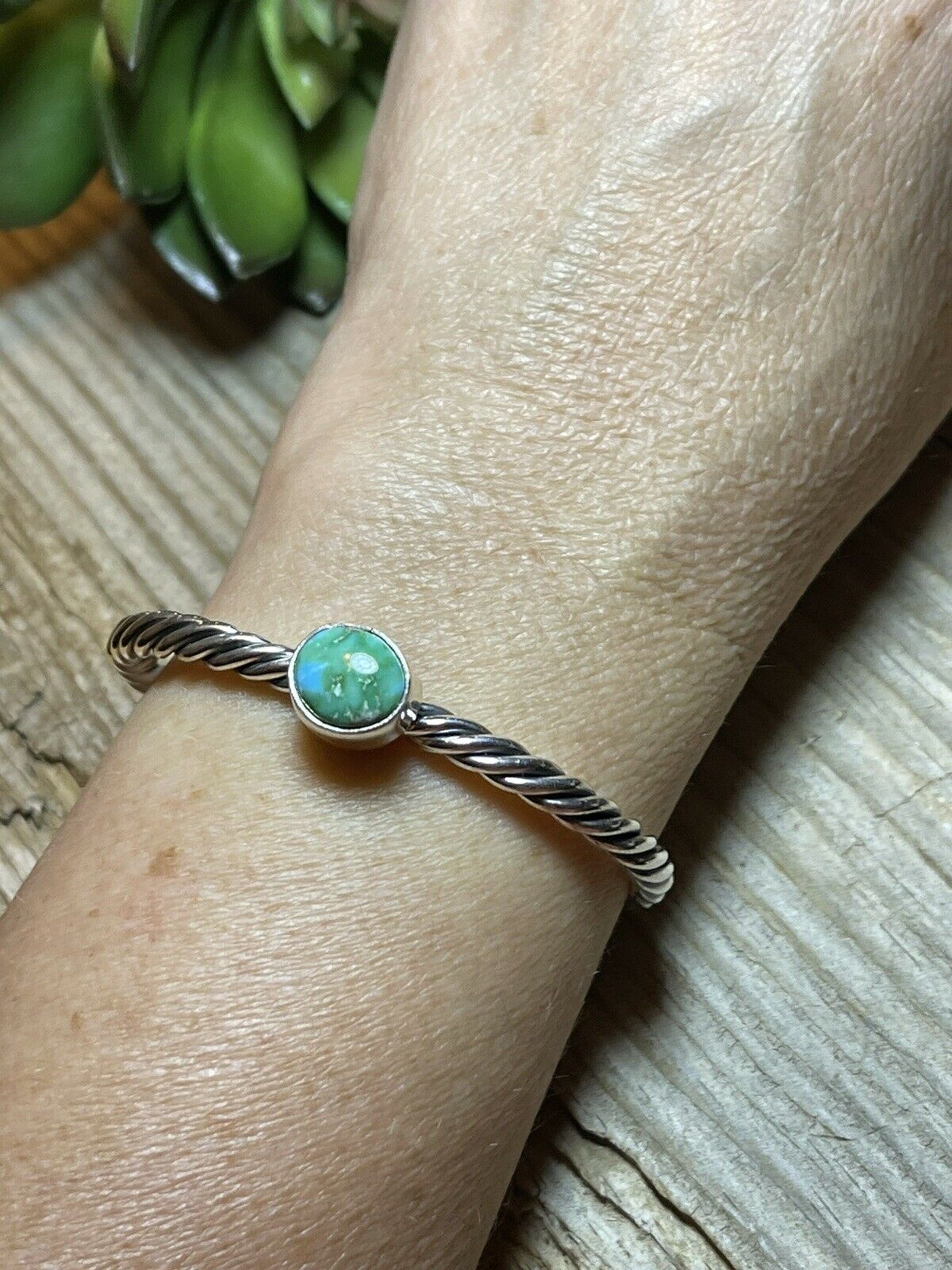Handcrafted Sterling Silver Rope Twist Natural Turquoise Cuff Bracelet