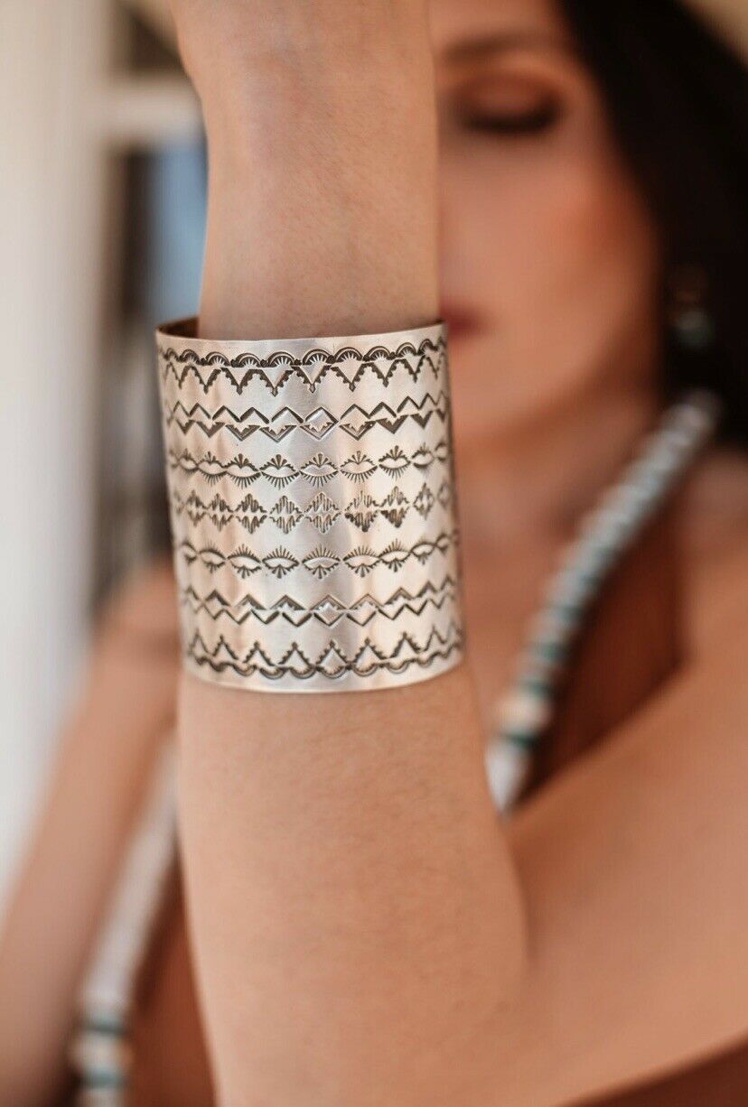 Handcrafted Sterling Silver Hand Stamped Statement Bracelet Cuff Signed