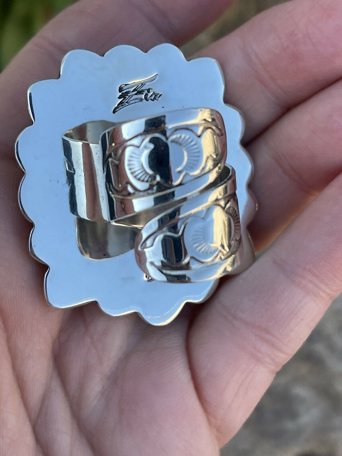 Handcrafted Cluster Turquoise & Mother Of Pearl Sterling Silver Ring Sz Is Adjustable