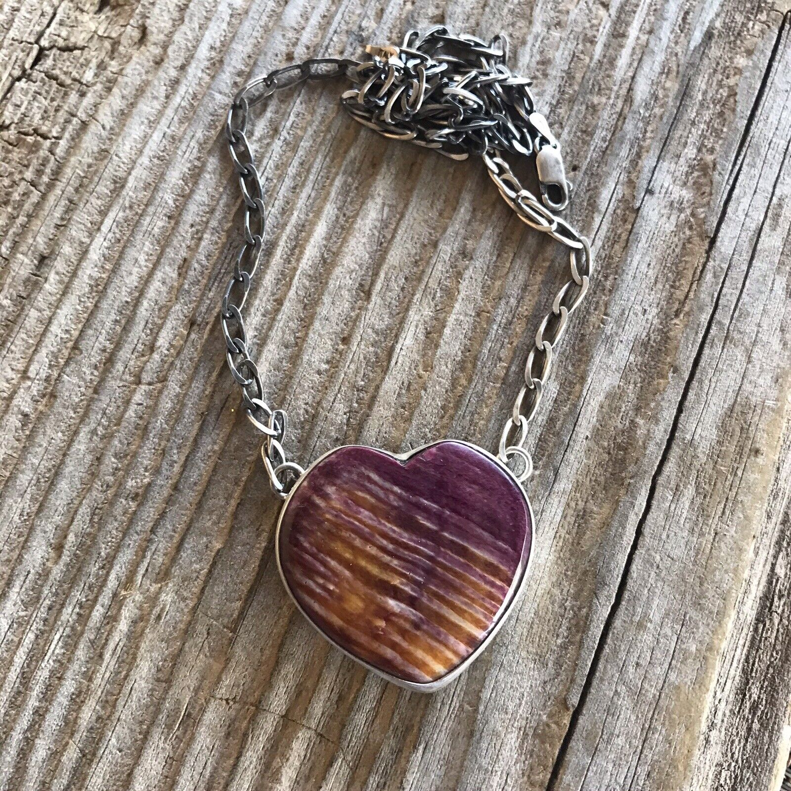 Handcrafted Purple Spiny And Sterling Silver Heart Necklace Signed