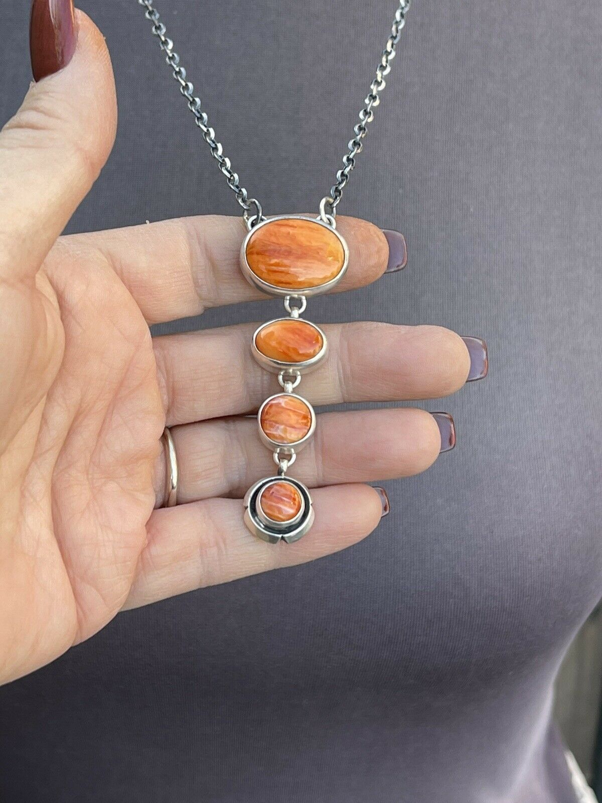 Handcrafted Orange Spiny Circle & Sterling Silver 4 Stone Lariat Necklace