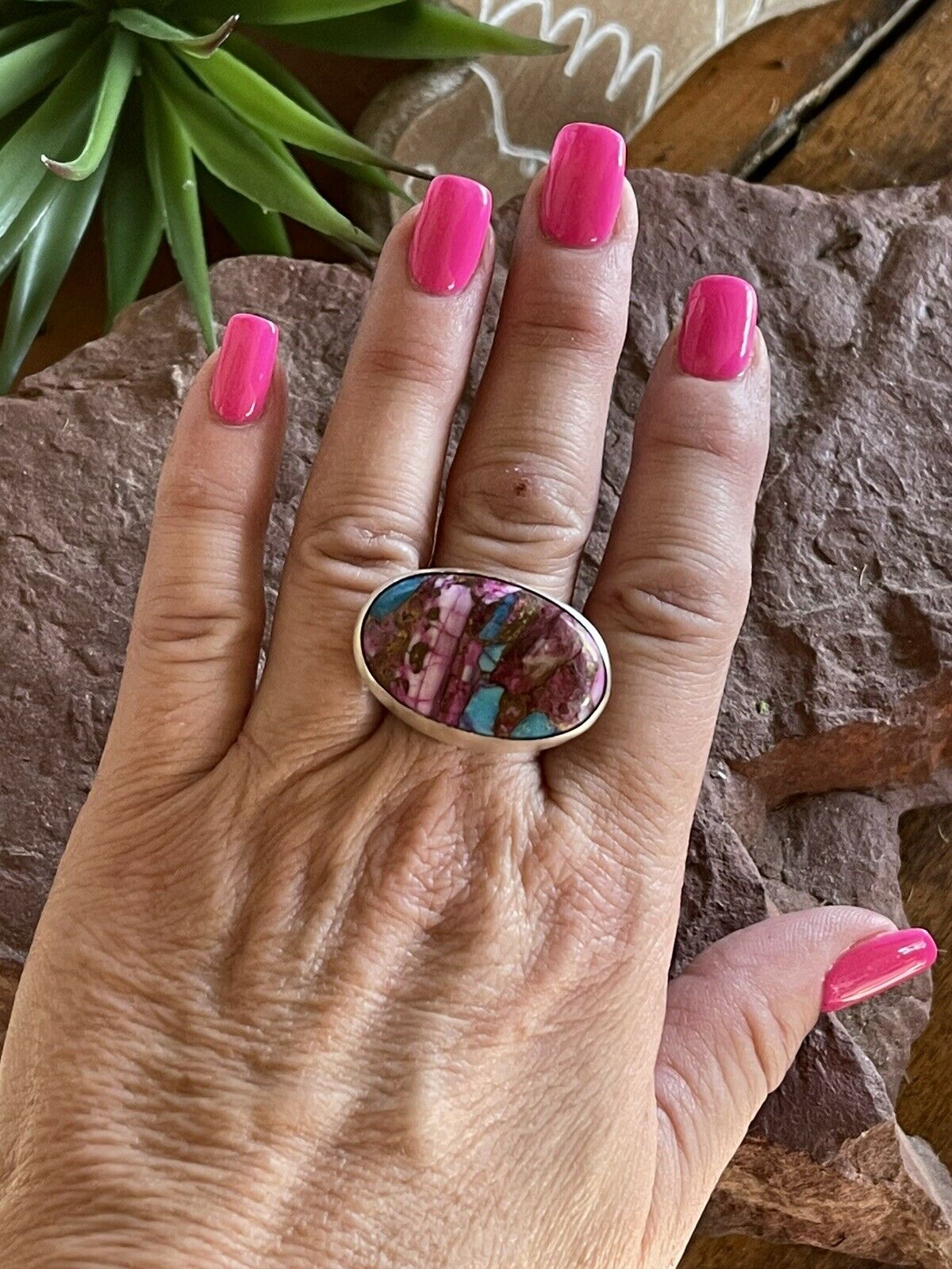 Handcrafted Pink Dream Mojave Oval Rope & Sterling Silver Adjustable Ring