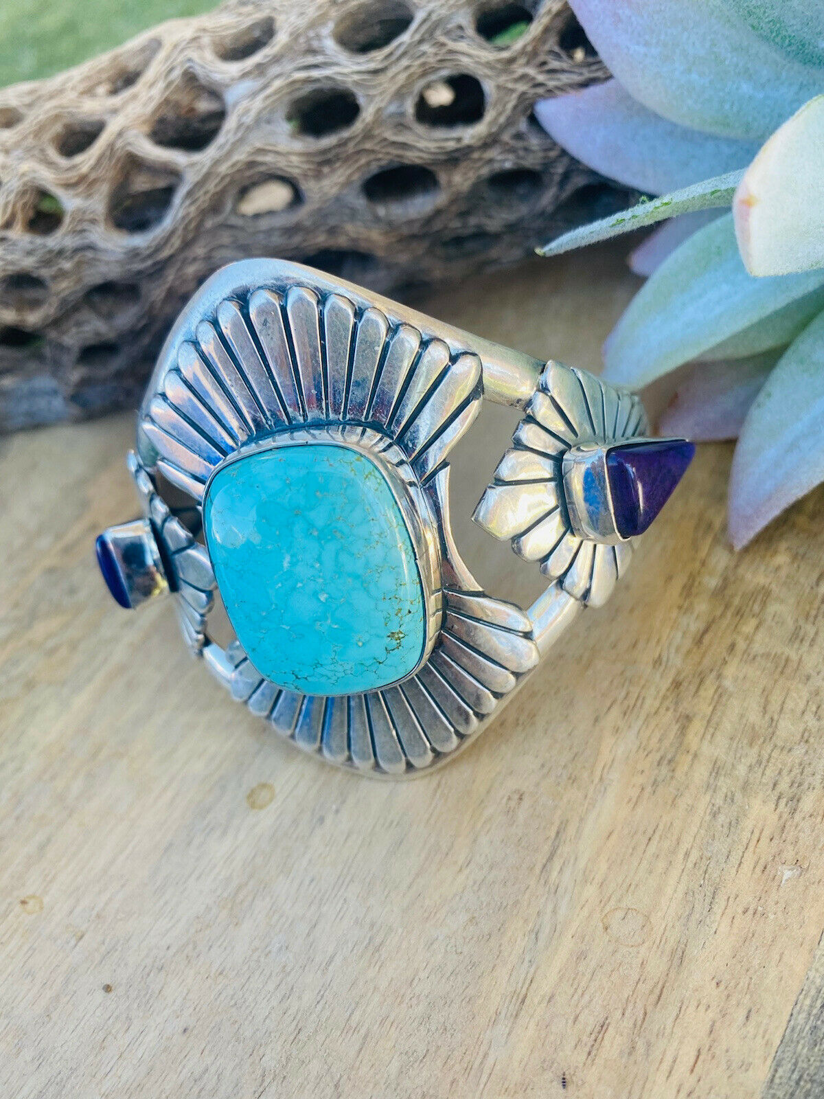 Handcrafted Dry Creek Turquoise, Charoite And Sterling Silver Cuff Bracelet