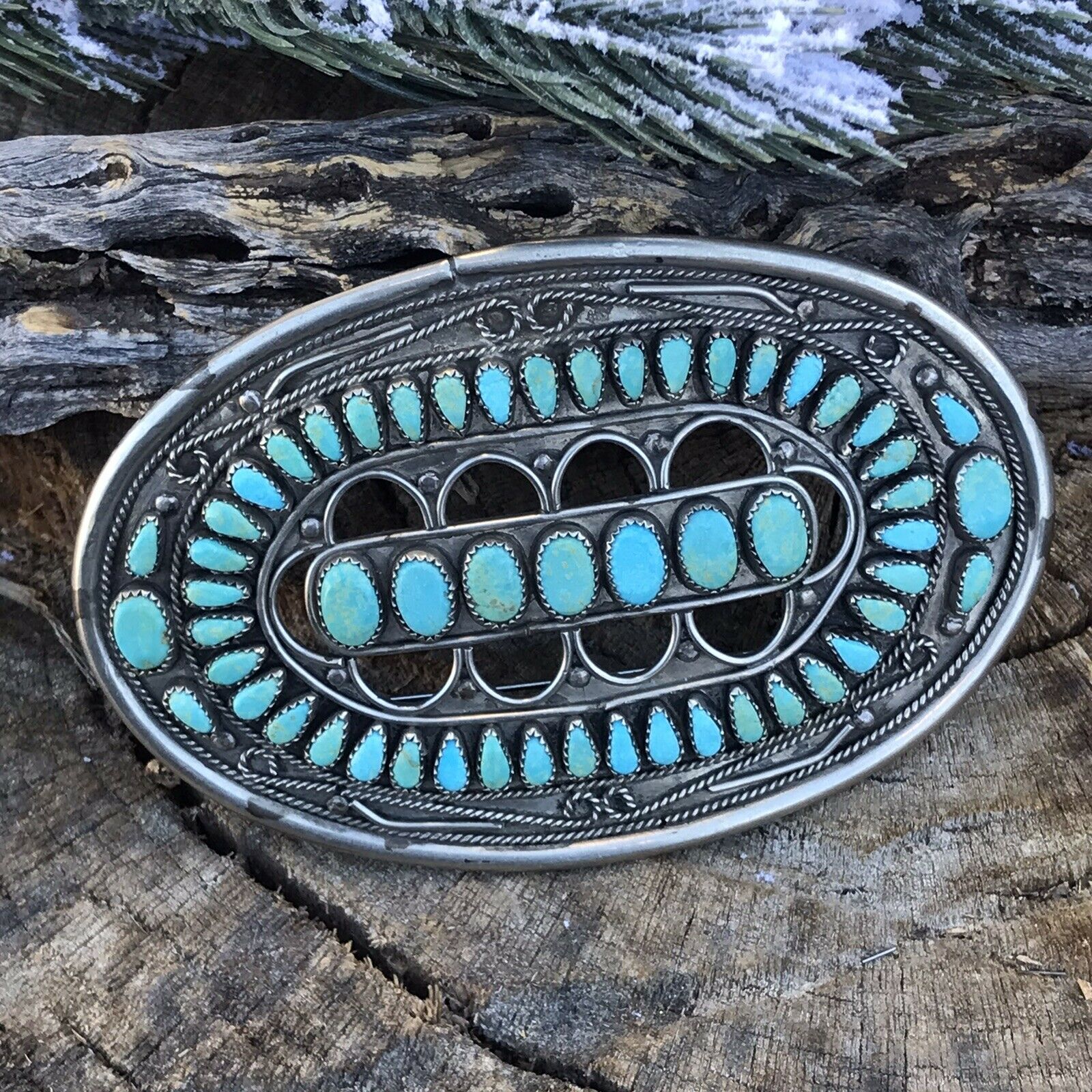 Handcrafted Vintage Jumbo Sterling Silver & Royston Turquoise Pin / Pendant