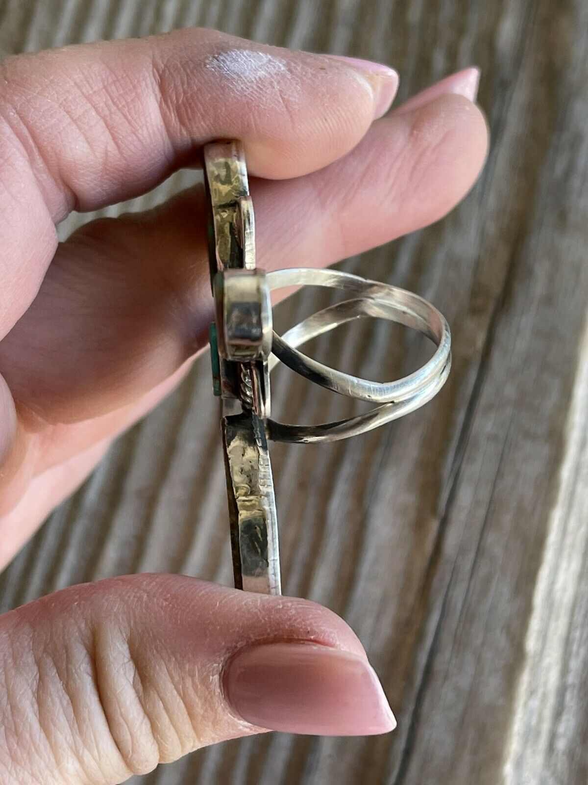 Handcrafted Sterling Silver & Royston Turquoise Scroll Petal Ring Size 8. Signed