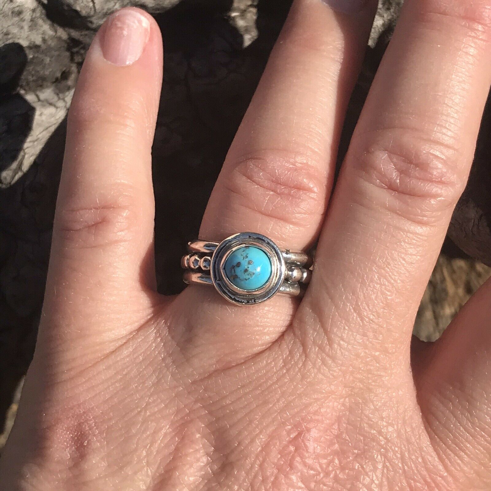 Handcrafted Kingman Turquoise & Sterling Silver Dotted Band Ring