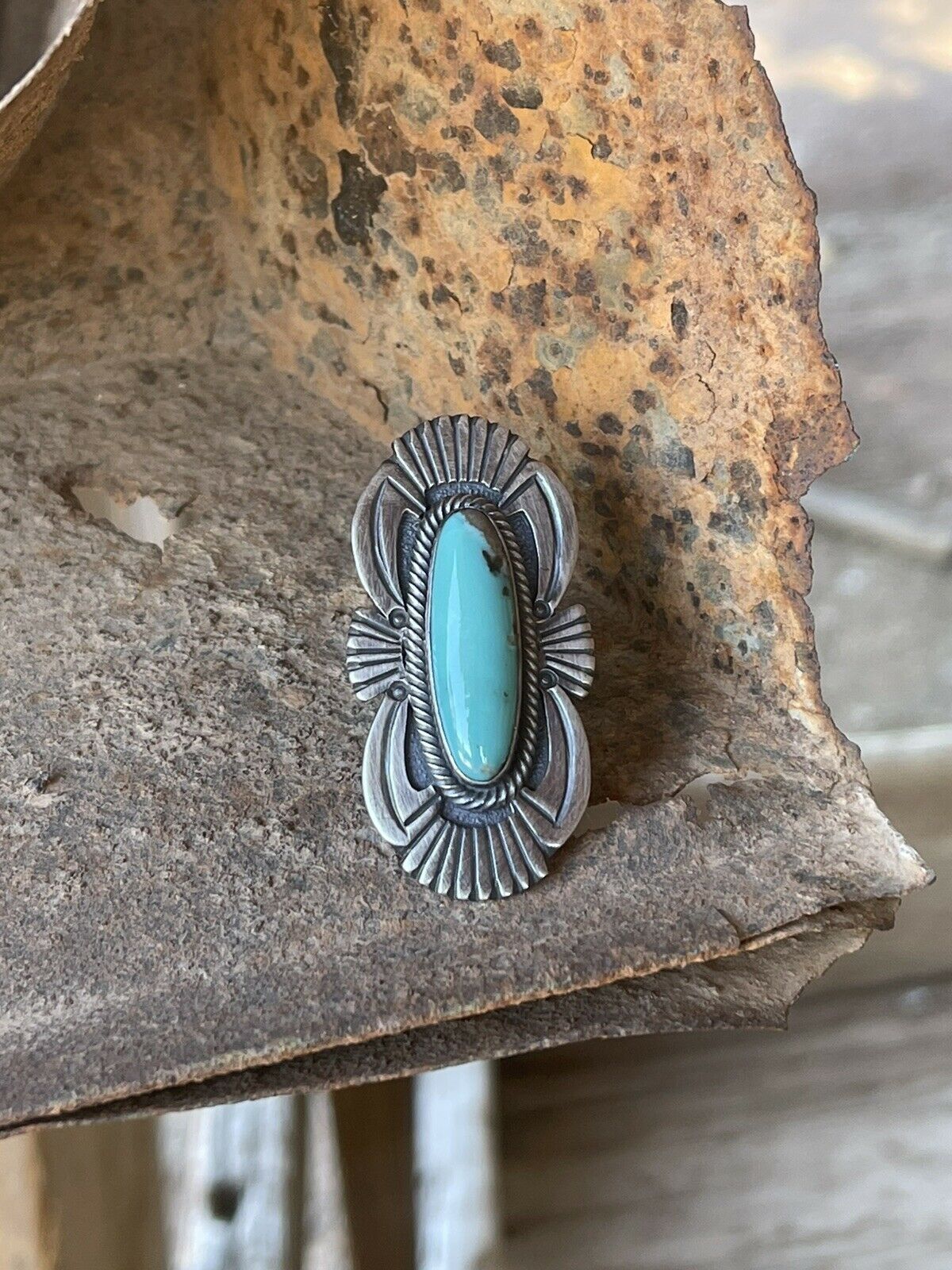 Handcrafted Turquoise & Sterling Silver Navajo Deco Ring Size 7.5