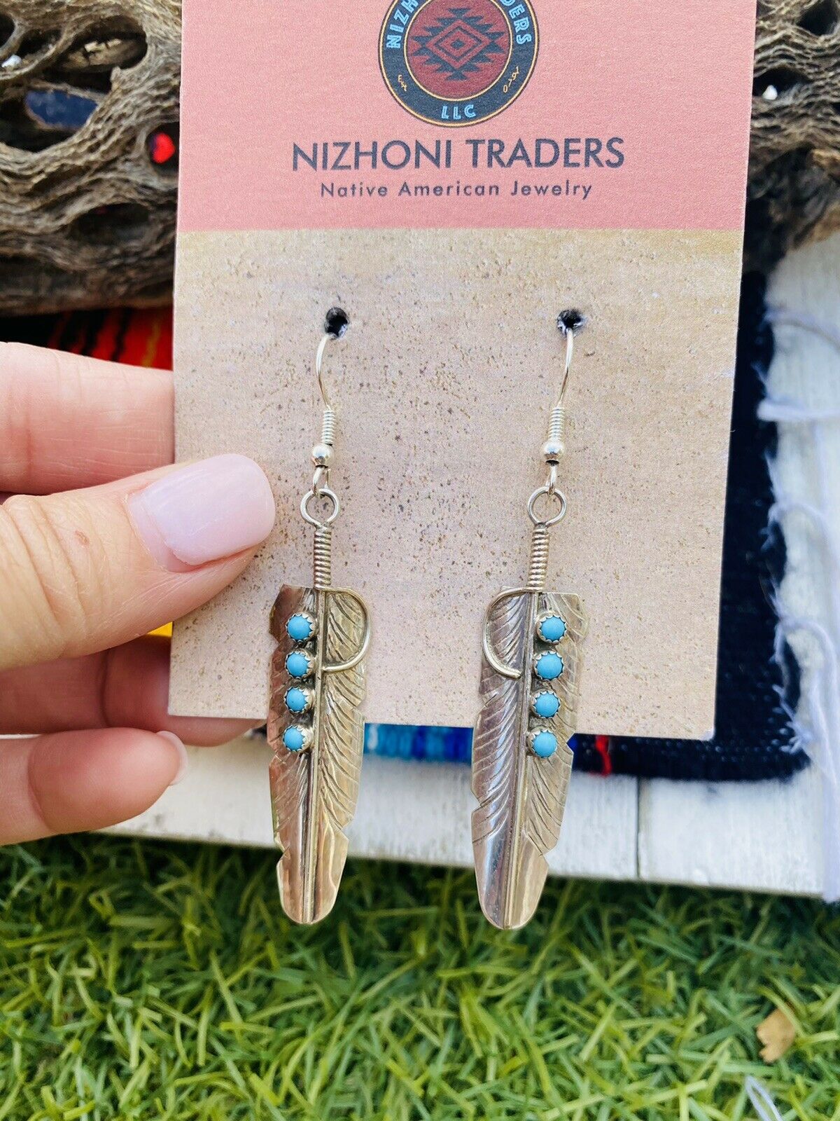 Handcrafted Turquoise & Sterling Silver Feather Dangle Earrings