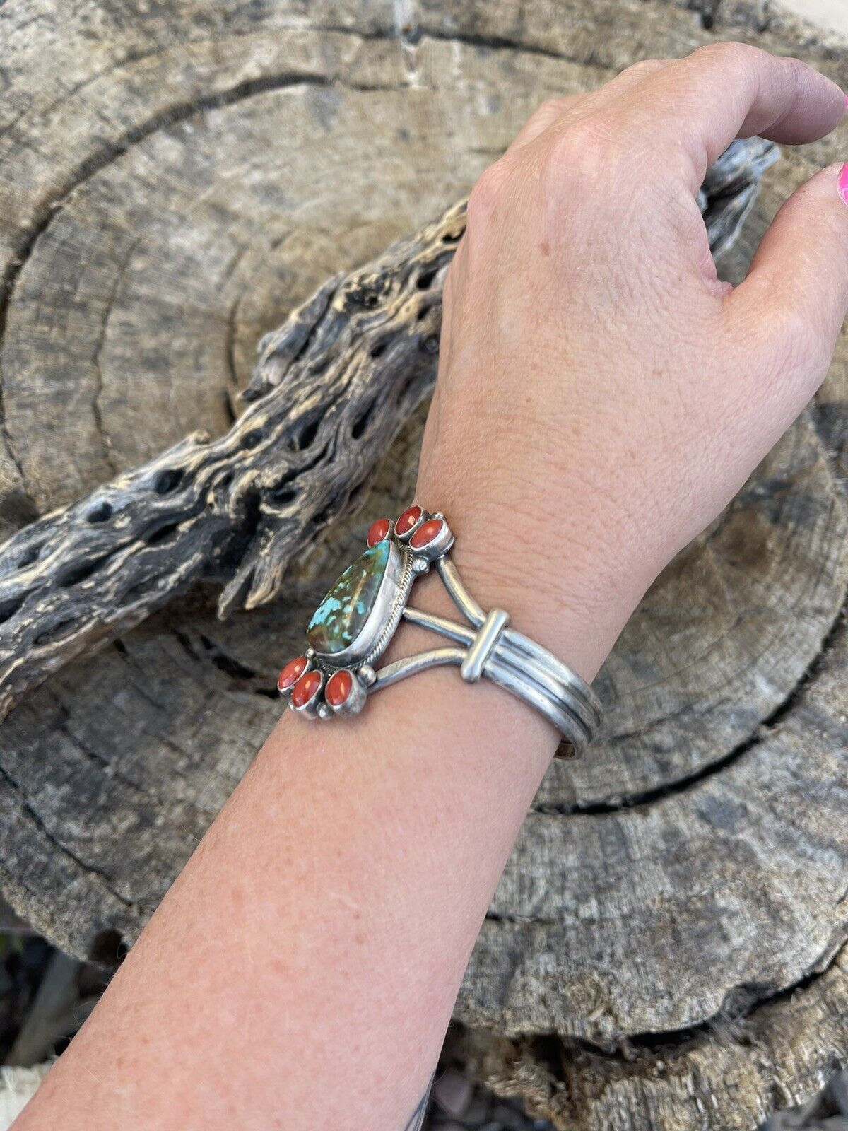 Navajo Sterling Kingman Web Turquoise & Red Coral Taos Bracelet Cuff by Bobby Johnson /