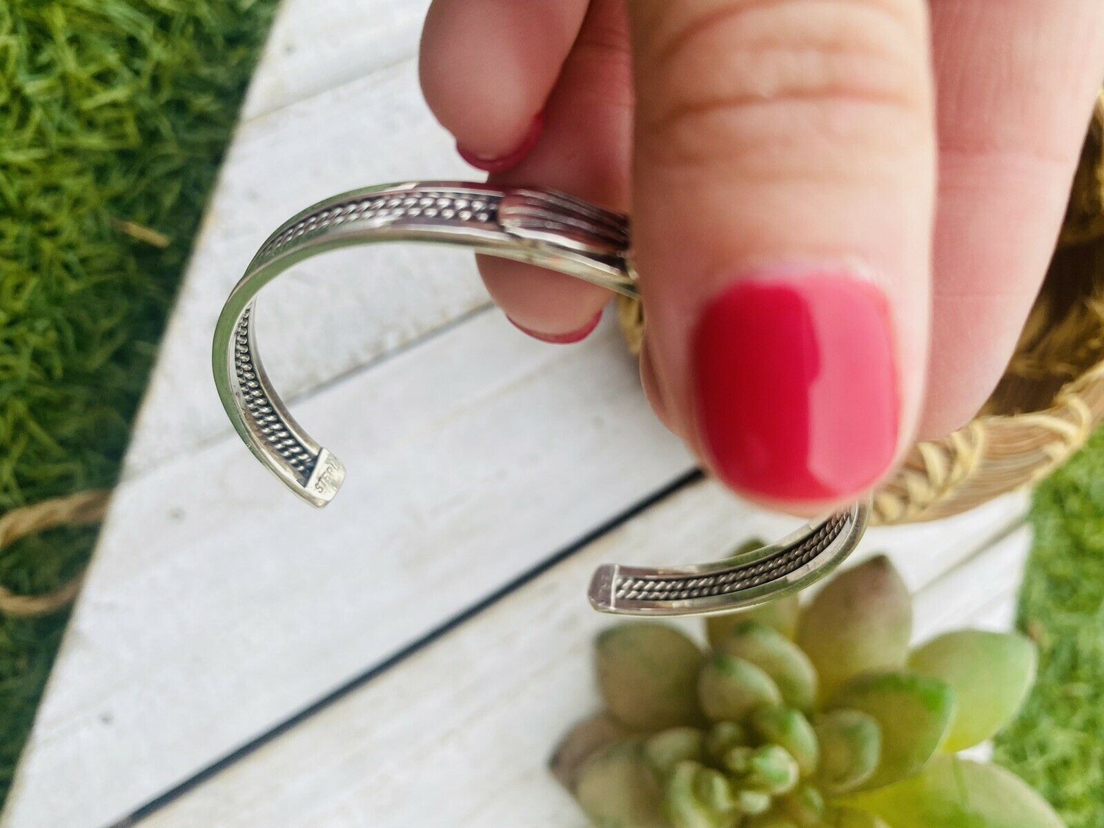 Handcrafted Sterling Silver & Royston Turquoise Stacker Cuff Bracelet Signed