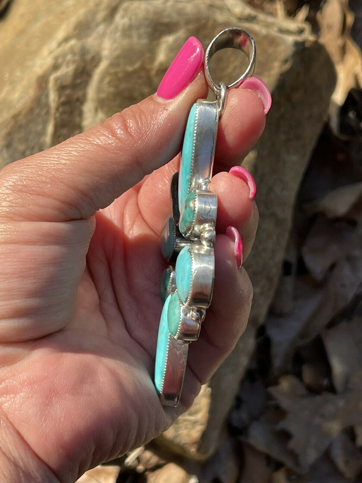 Handcrafted Multi Turquoise Cluster & Sterling Pendant Signed