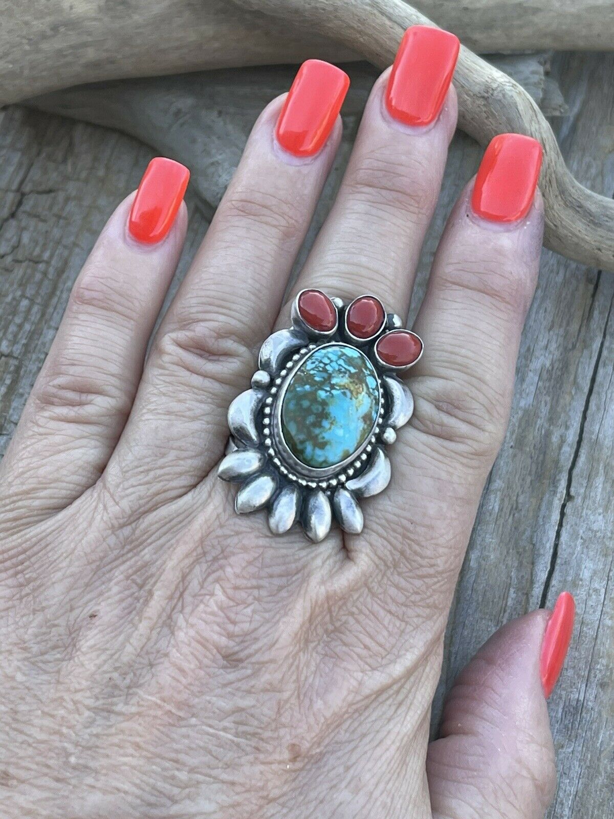 Navajo Sterling Kingman Web Turquoise & Red Coral Taos Collection Ring by Danny Clark, Sz 6.5