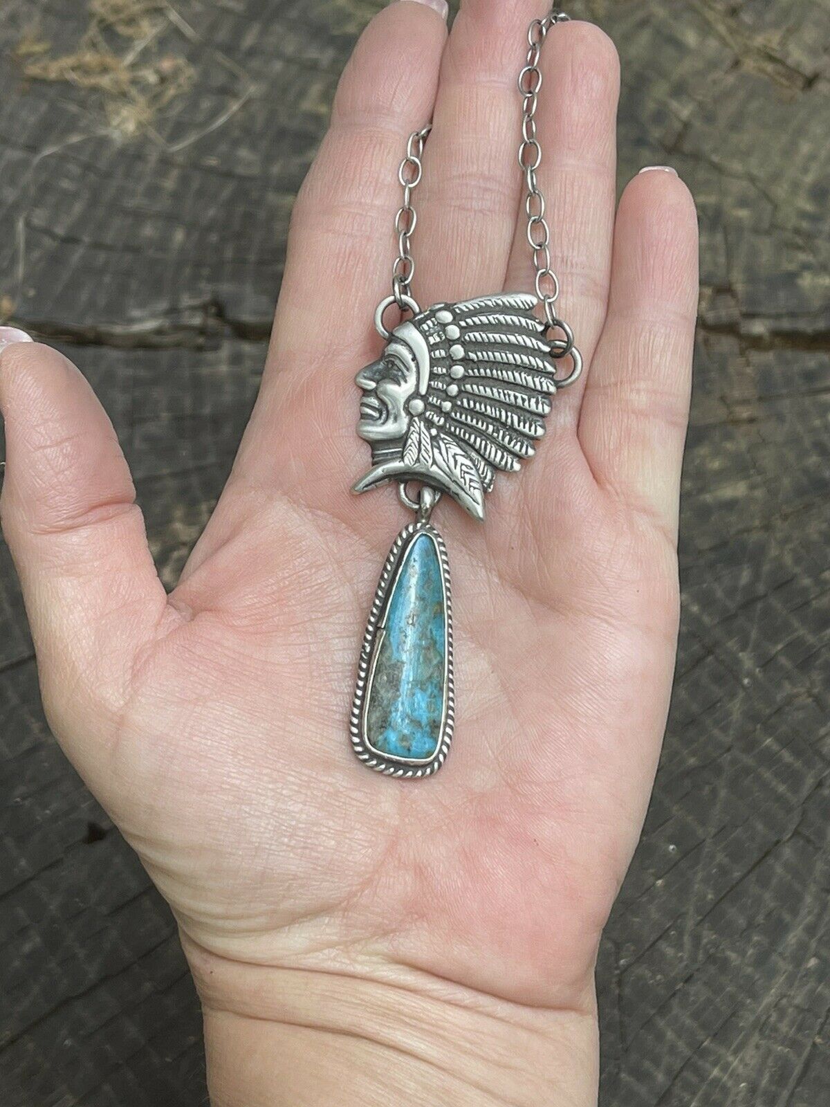 Handcrafted Sterling Silver Indian Chief Royston Turquoise Drop Necklace