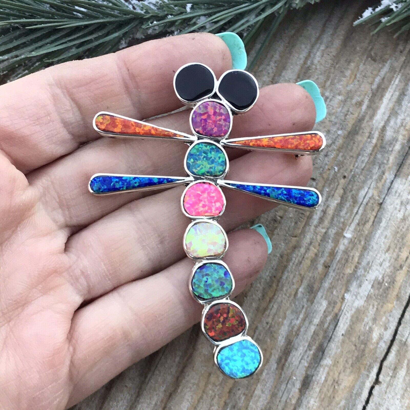 Navajo Sterling Silver & Multi Color Opal Stone Dragonfly Pendant Pin Signed