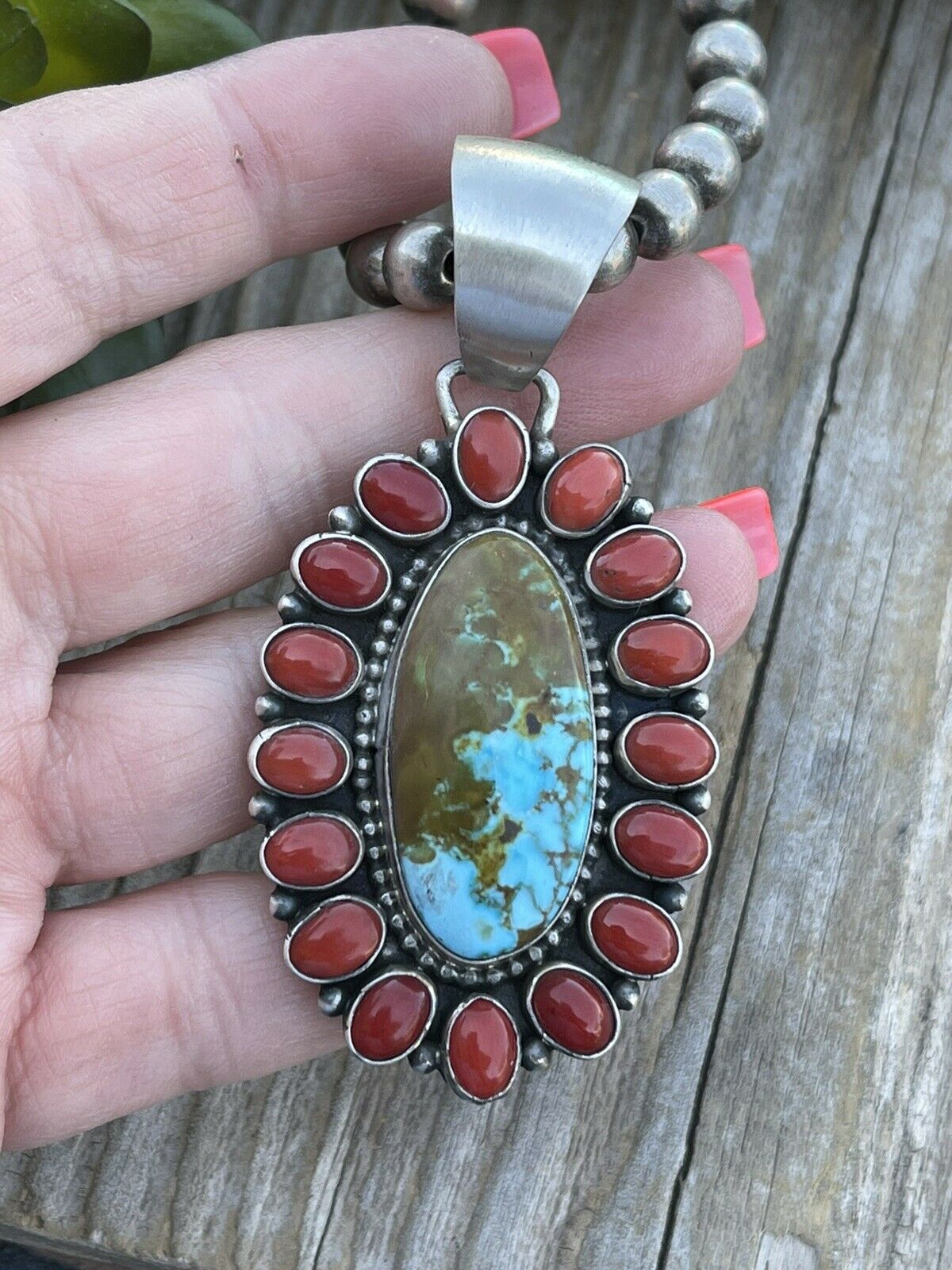 Handcrafted Sterling Silver Kingman Web Turquoise & Red Coral Taos Cluster Pendant