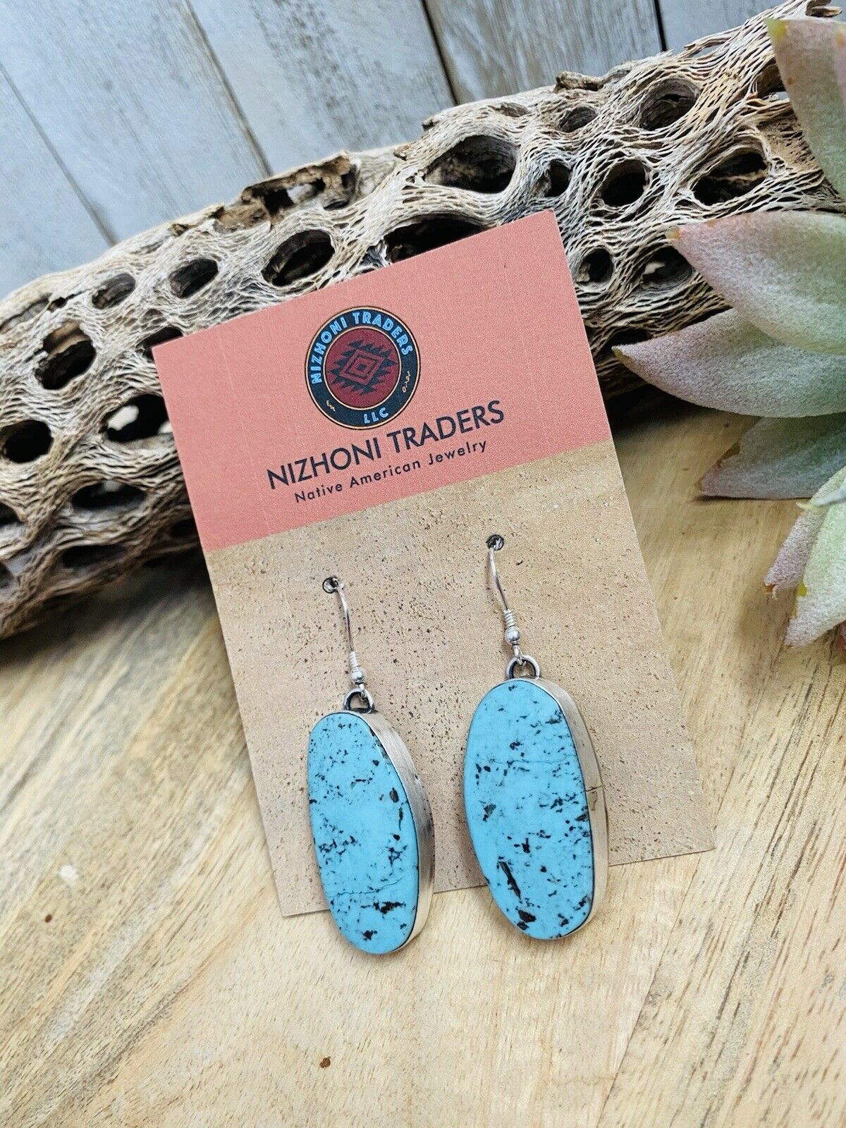 Navajo Kingman Turquoise & Sterling Silver Dangle Earrings Signed