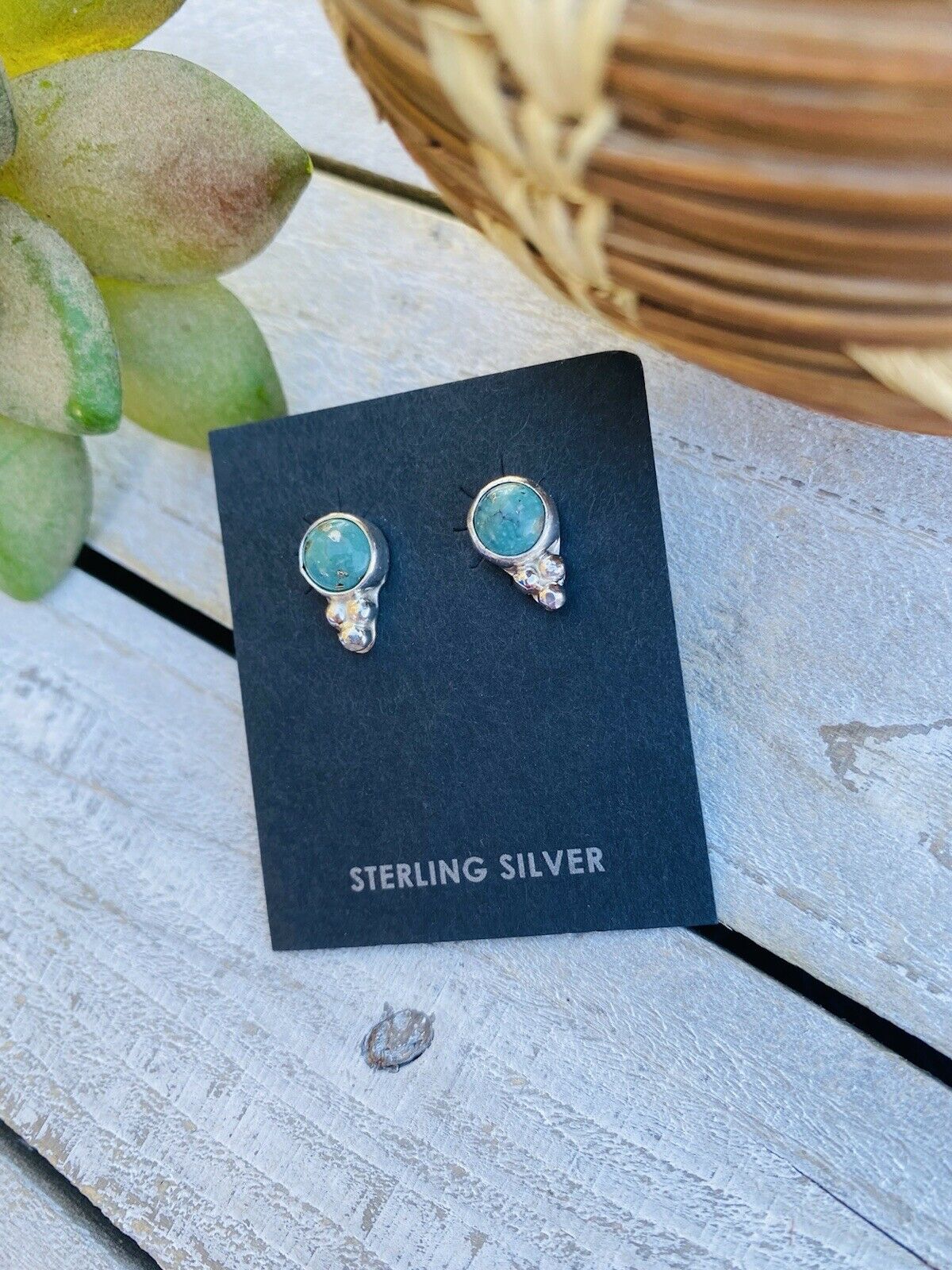 Handcrafted Sterling Silver And Turquoise Stud Earrings Signed