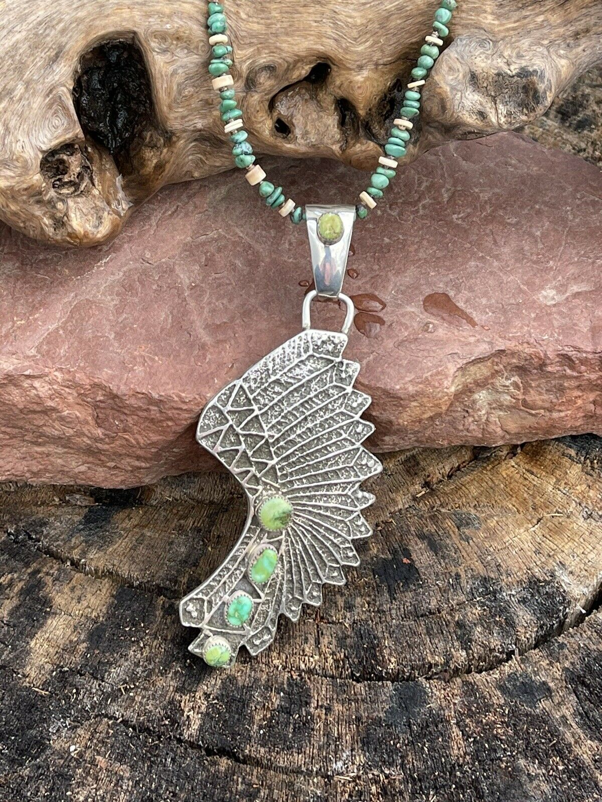 Handcrafted Sterling Silver Sonoran Gold Turquoise 4 Stone Indian Chief Pendant