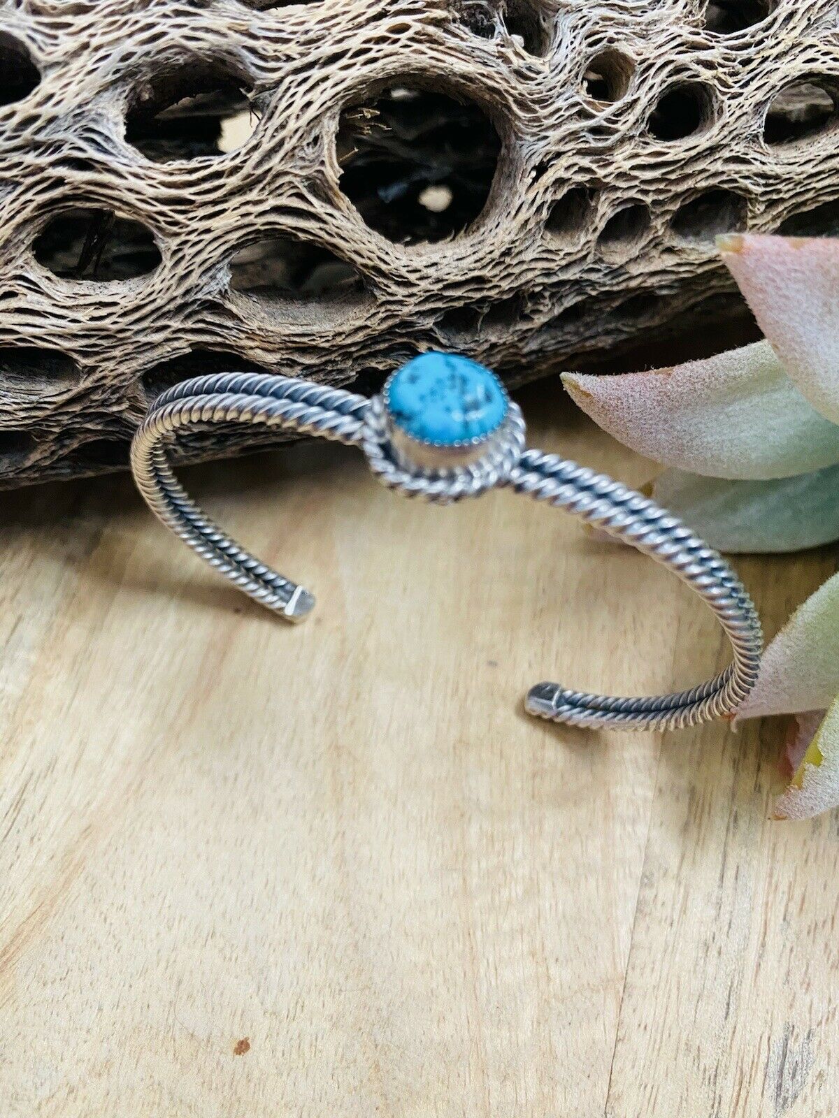 Handcrafted Sterling Silver & Kingman Turquoise Cuff Bracelet Signed